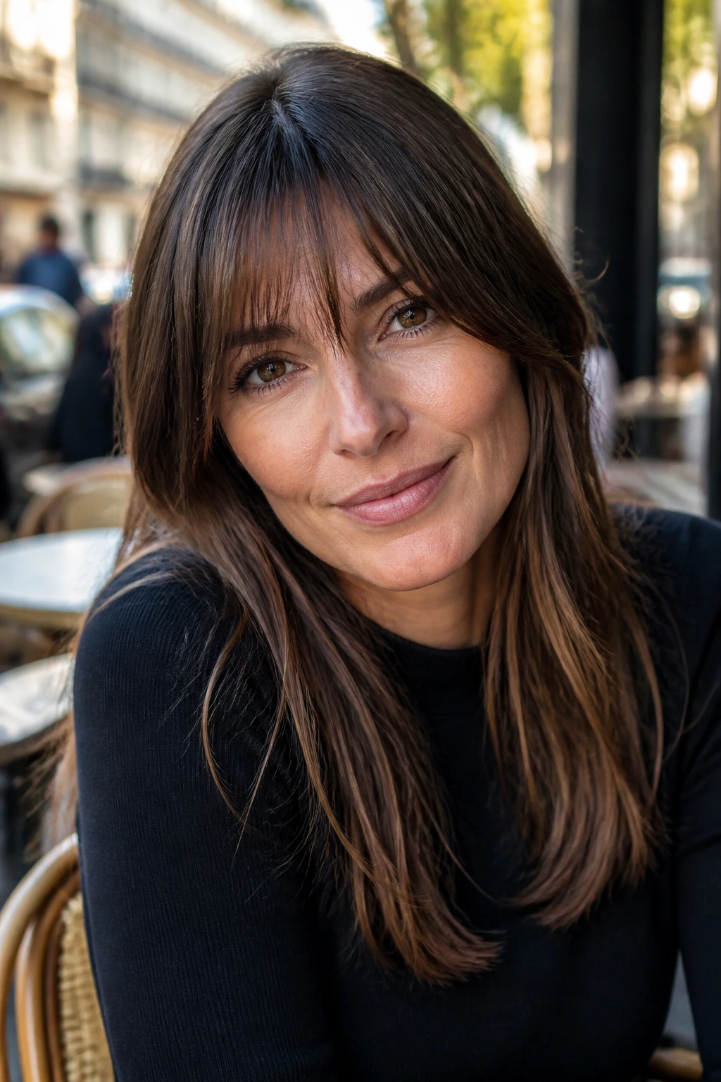 Portrait of woman with French-inspired long bang in sunlit cafe
