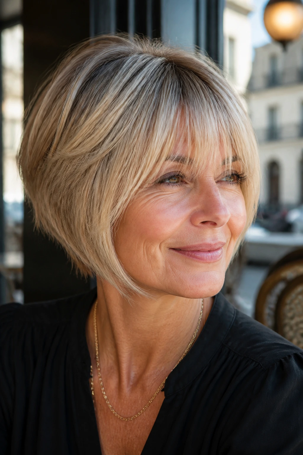 Real woman with French-inspired wedge and long fringe.