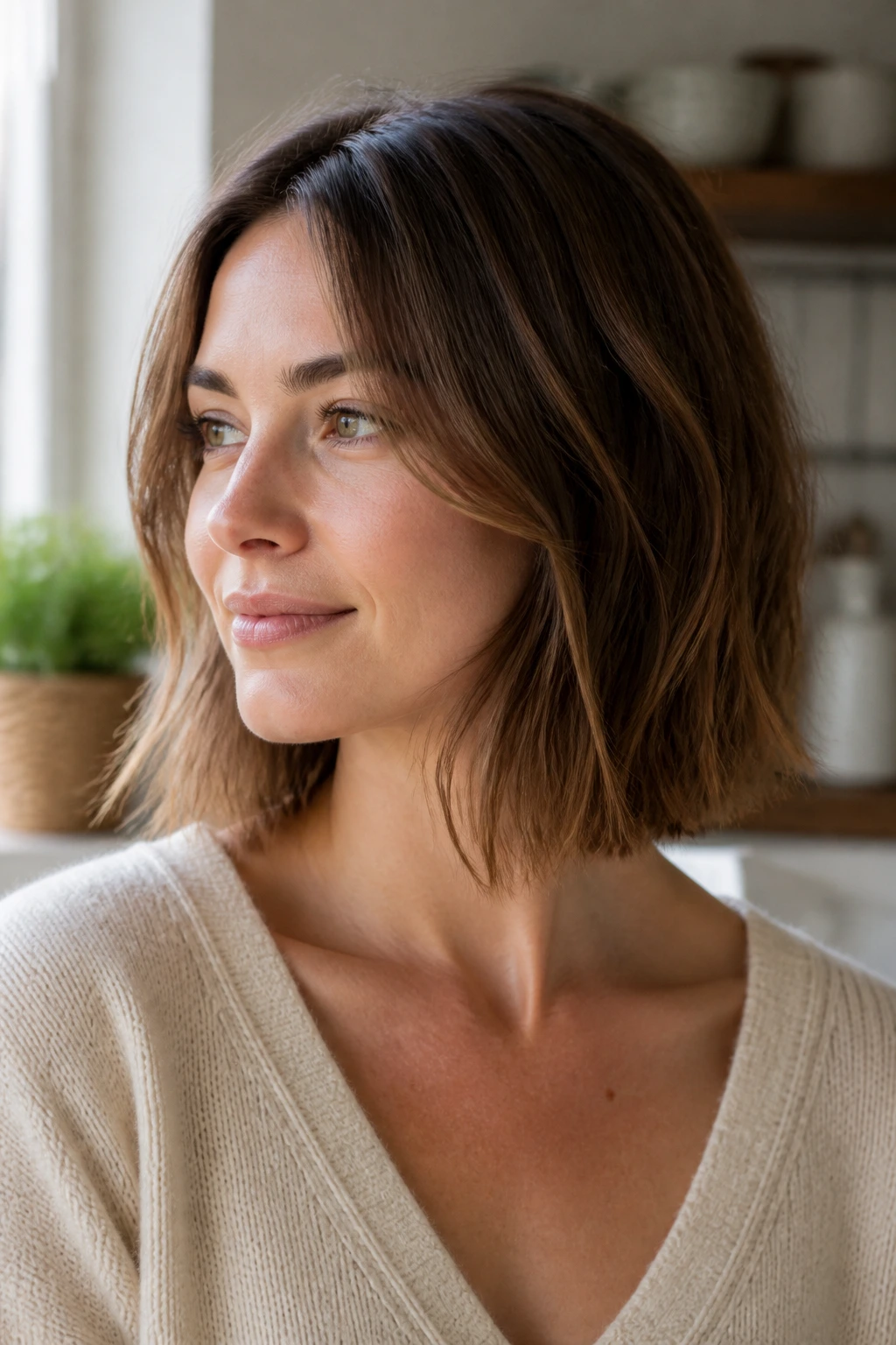 Close-up of a real woman wearing a French lob with airy ends.