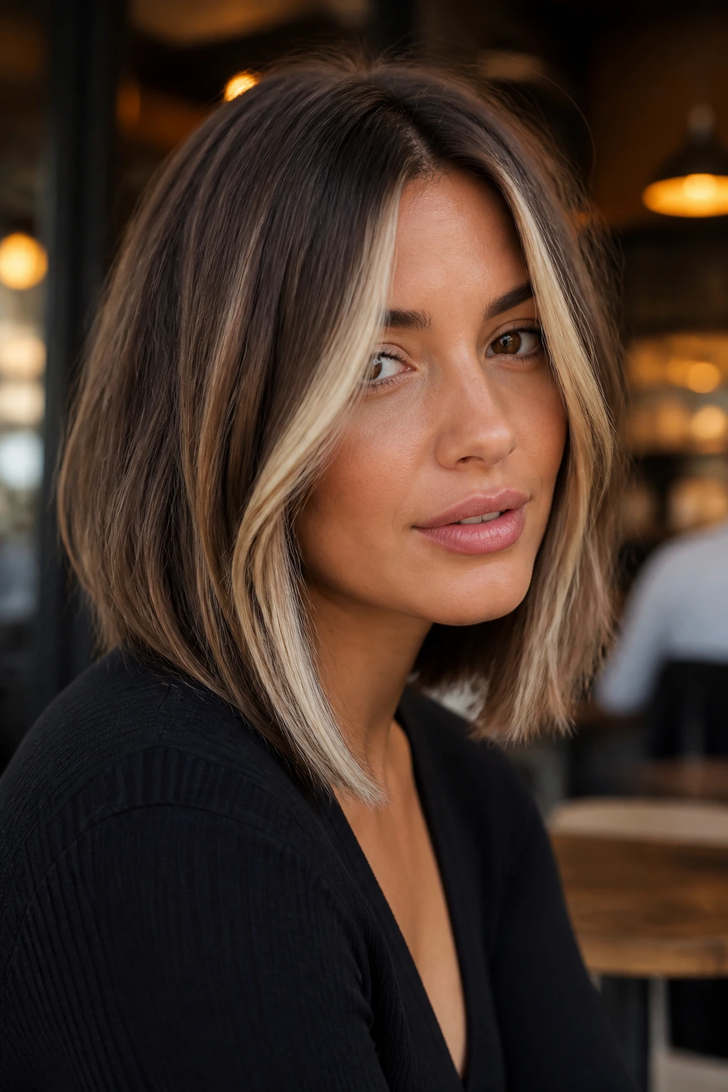 Close-up portrait of a real woman with French lob and chunky highlights
