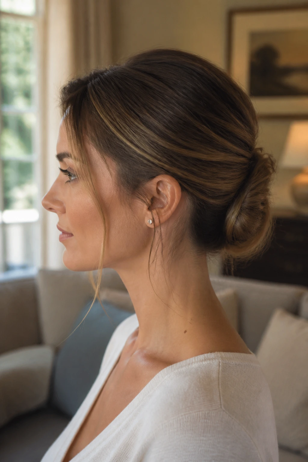 Side view of a real woman with a French pin chignon in soft room lighting