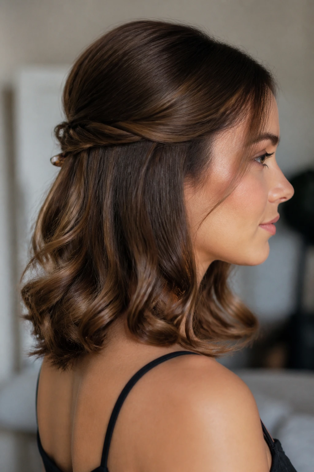 Real woman wearing a half-up French-pinned hairstyle in profile.