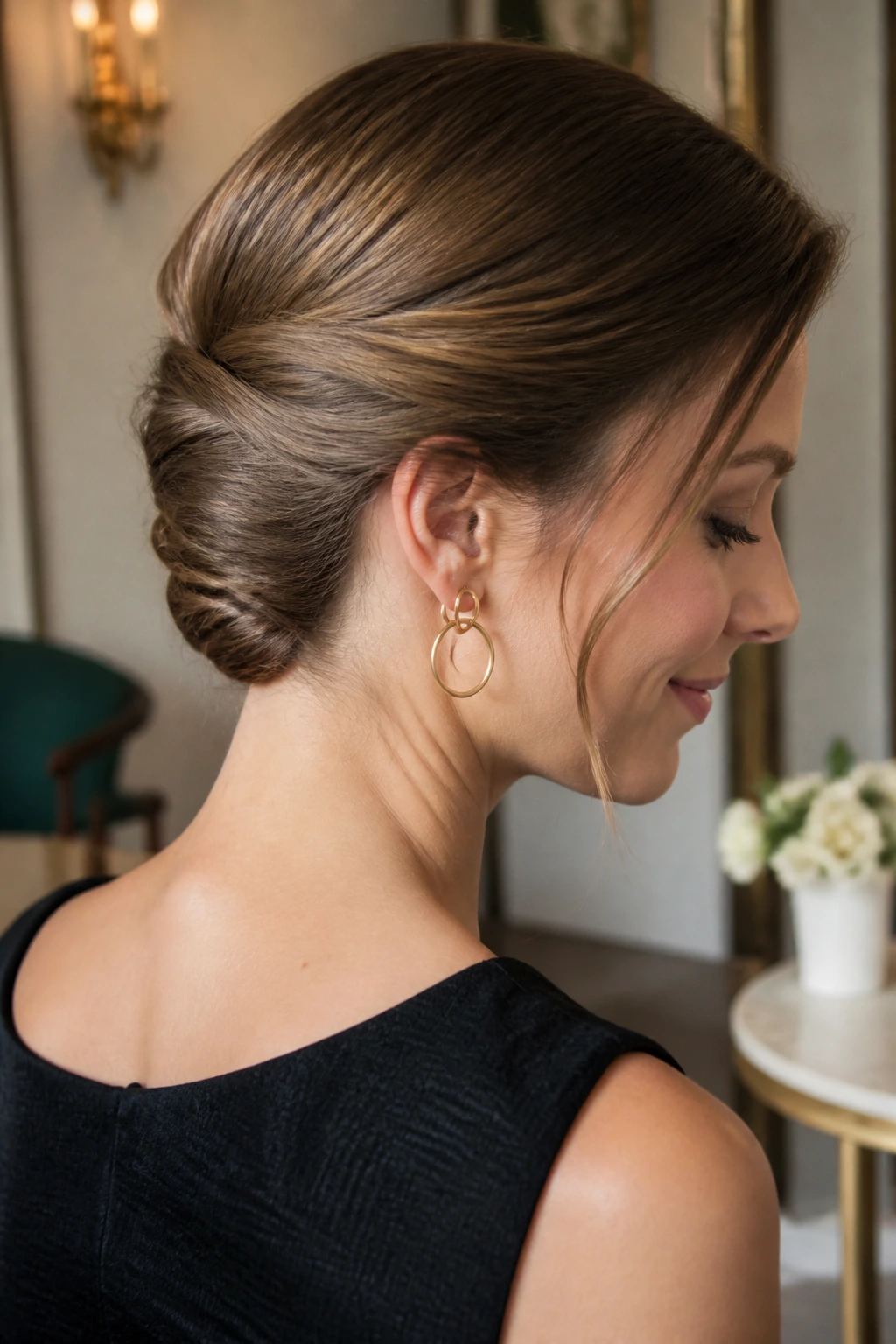 Close-up of a real woman with a low French-pin twist at the nape.