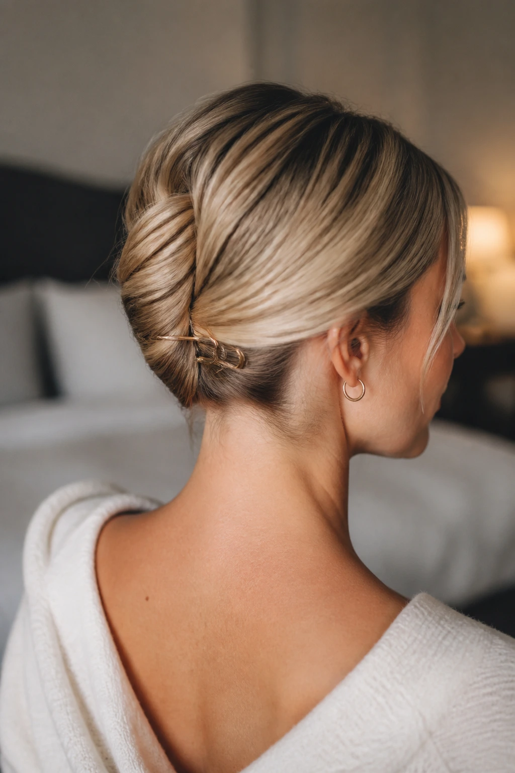Close-up of a woman with a French pin twist at the nape