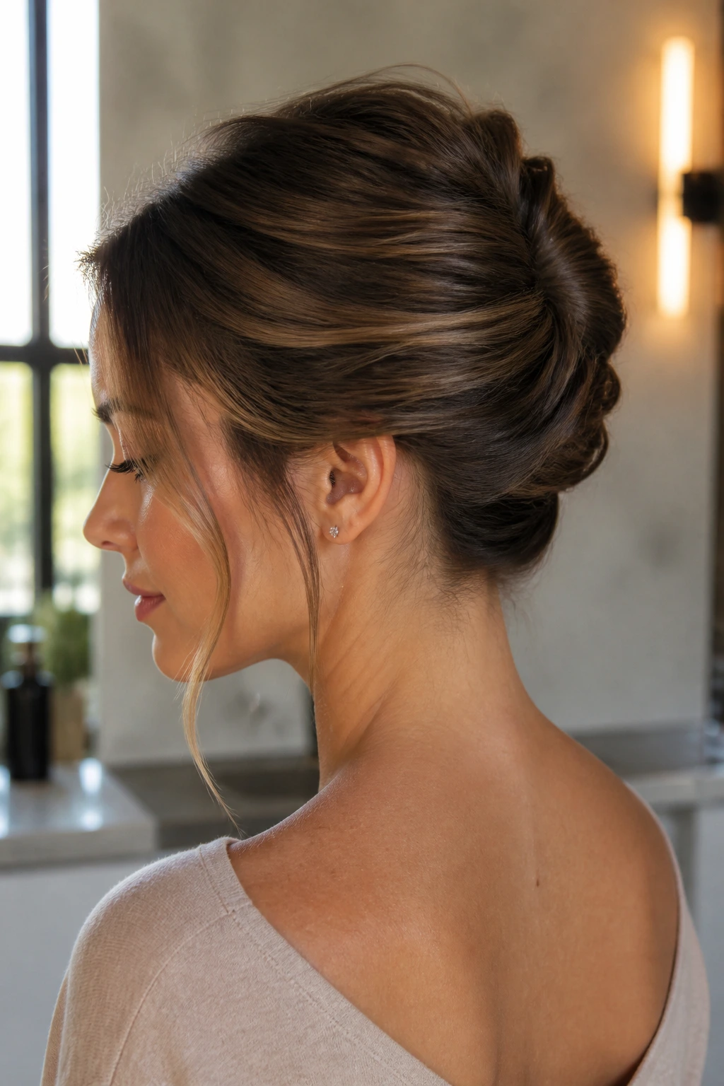 Close-up of French pin twist with a clean crown and smooth front layers