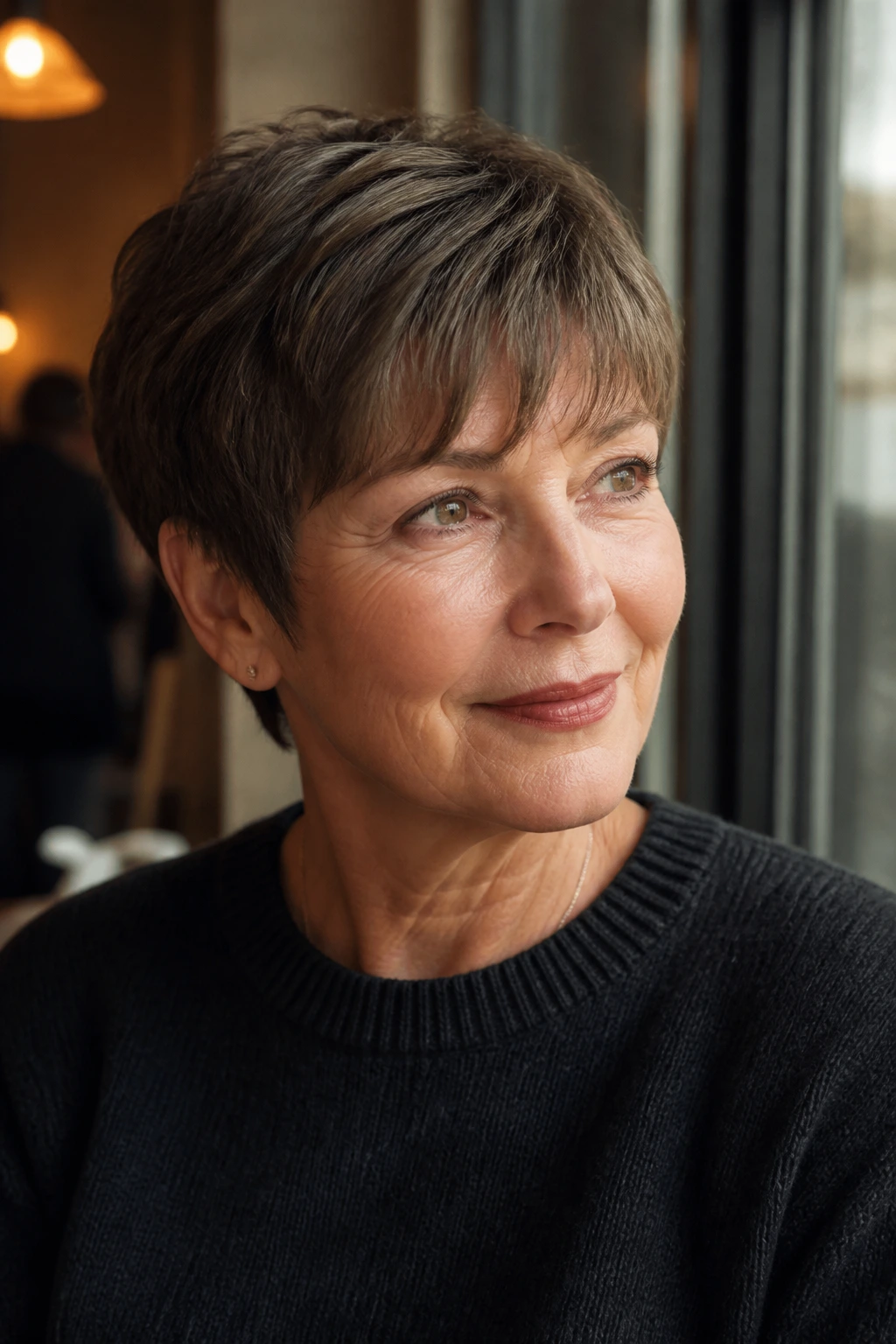Portrait of a real woman with soft bangs in a French pixie haircut at a cafe window.