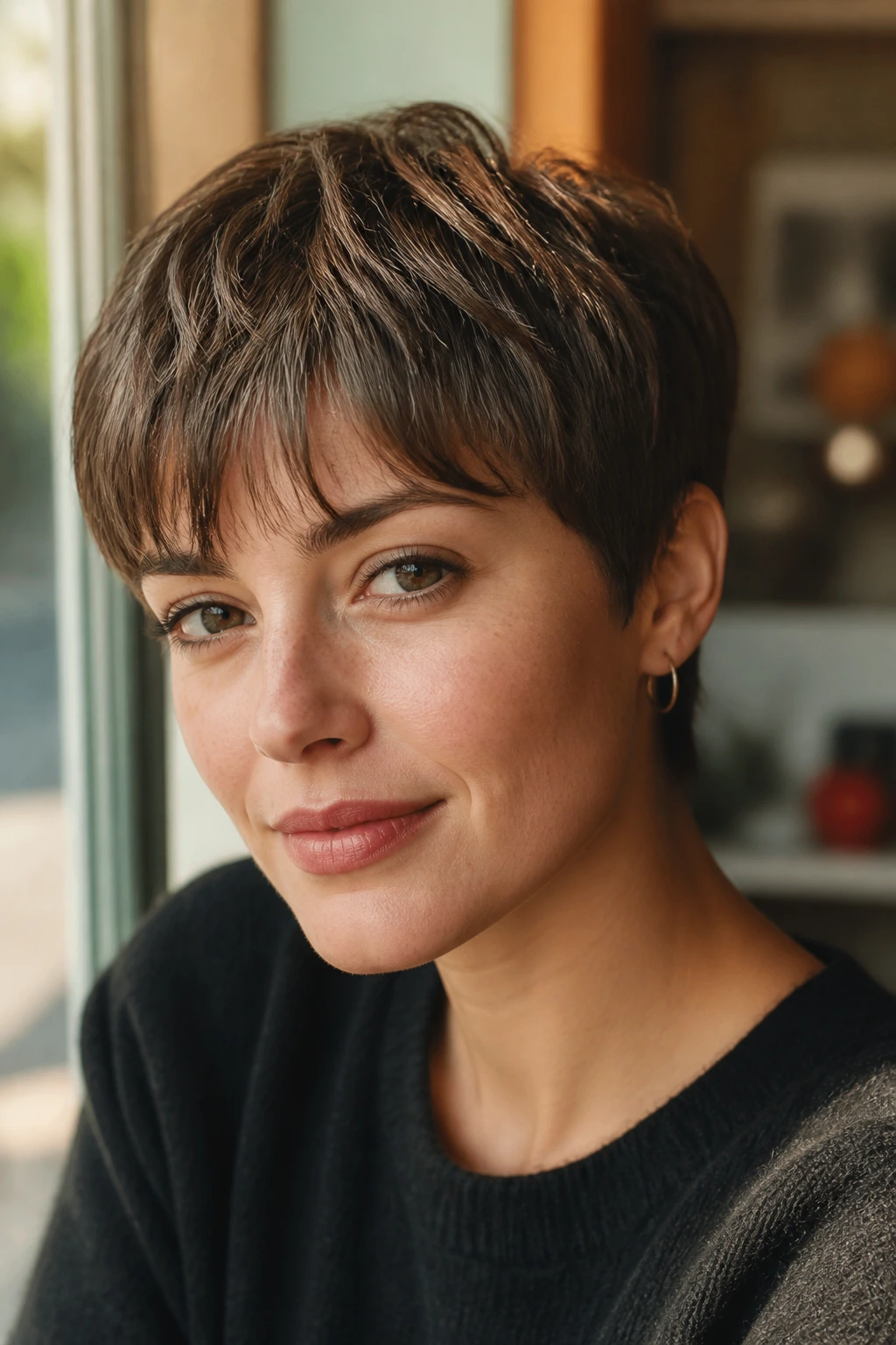 Close-up of real woman with French pixie and wispy bangs
