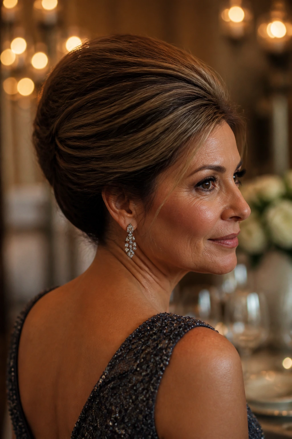 Close-up of a real woman with a polished French roll and crown volume in a formal indoor setting