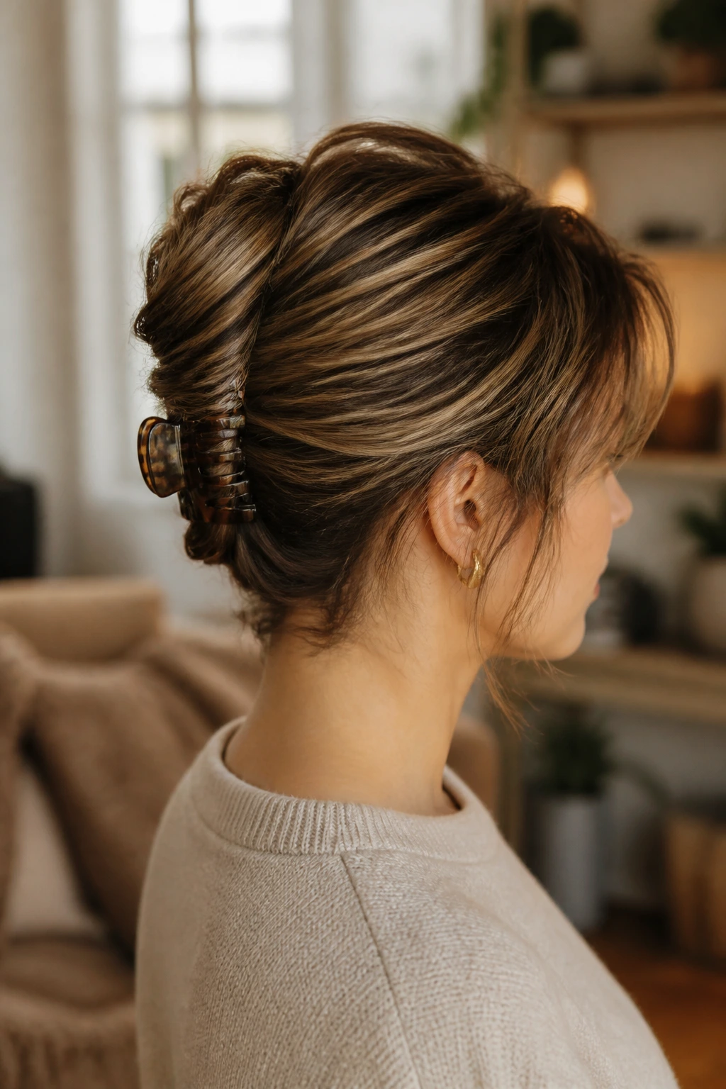 Back/side view of a person with a French roll secured by a claw clip