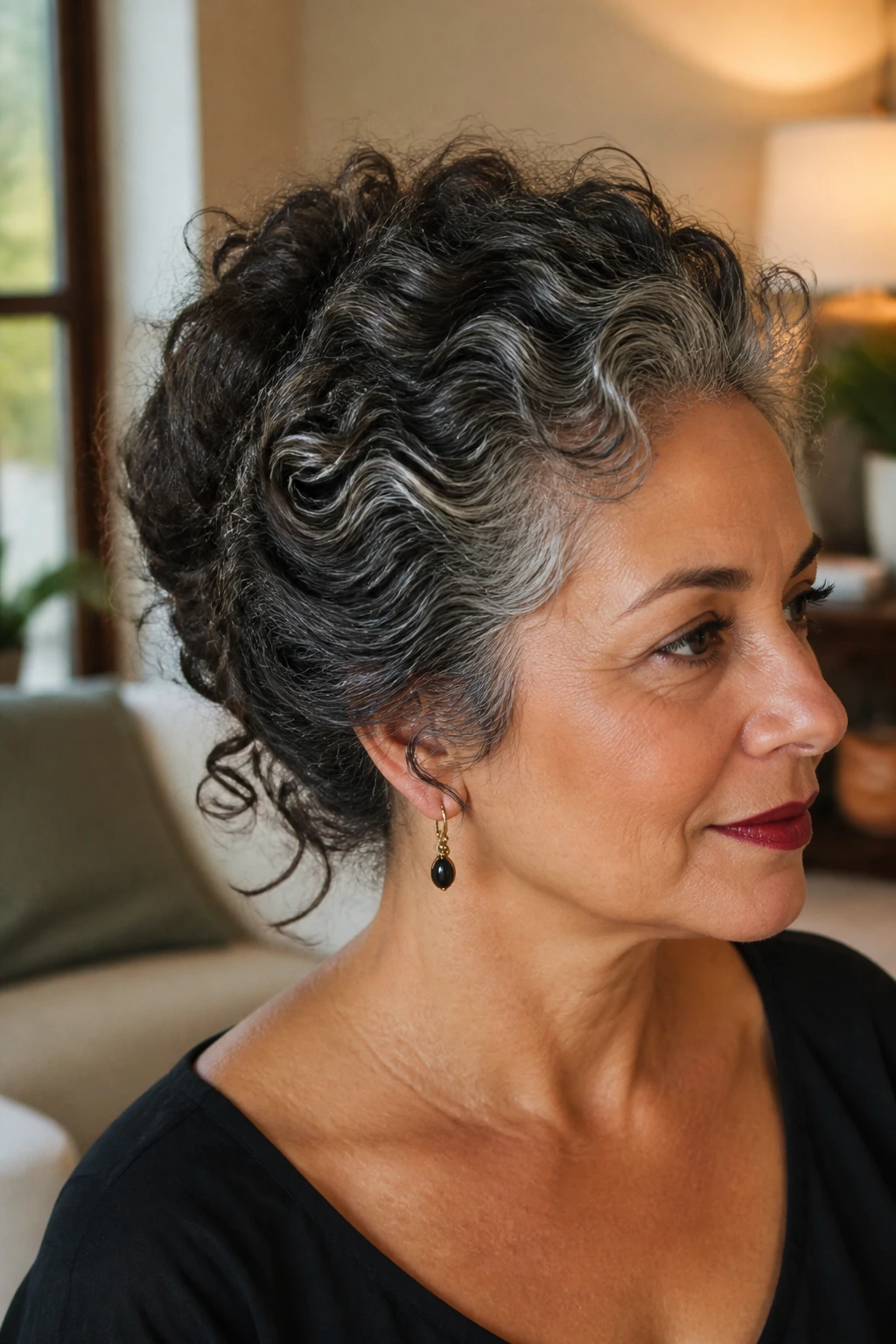 Three-quarter portrait of a real woman with a curly French roll tuck at the nape