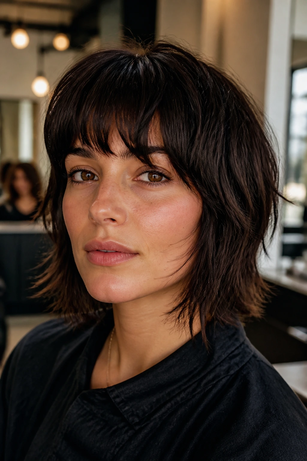Close-up portrait of a real person with French shag and eyebrow-length fringe