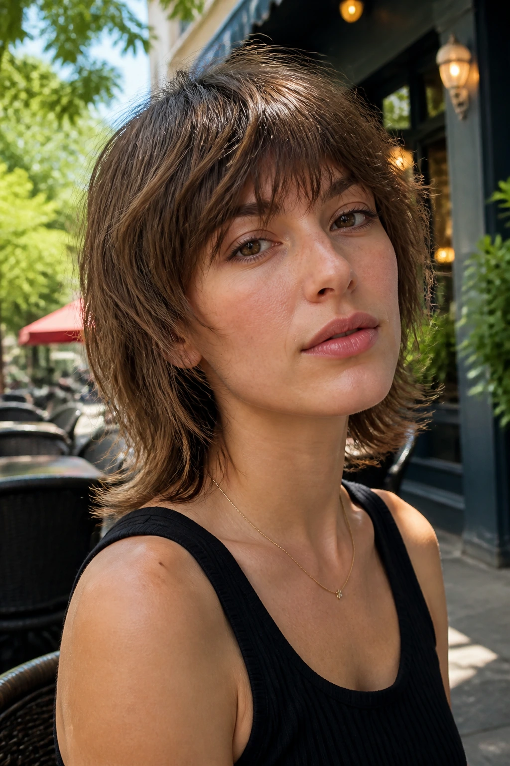 Portrait of a person with chopped French shag and outward-flipped ends