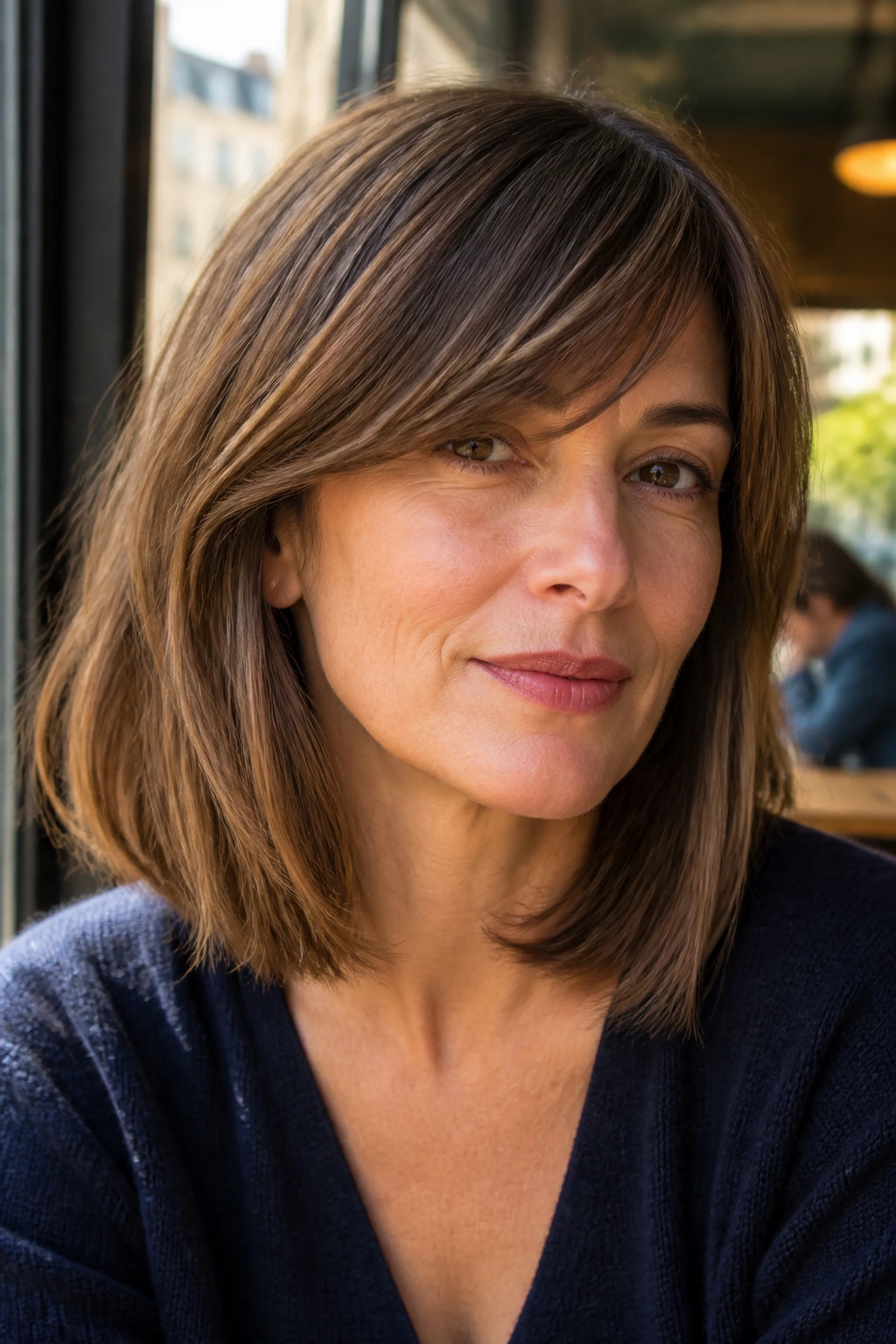 Close-up of a real woman with a French-style lob and minimal layers.