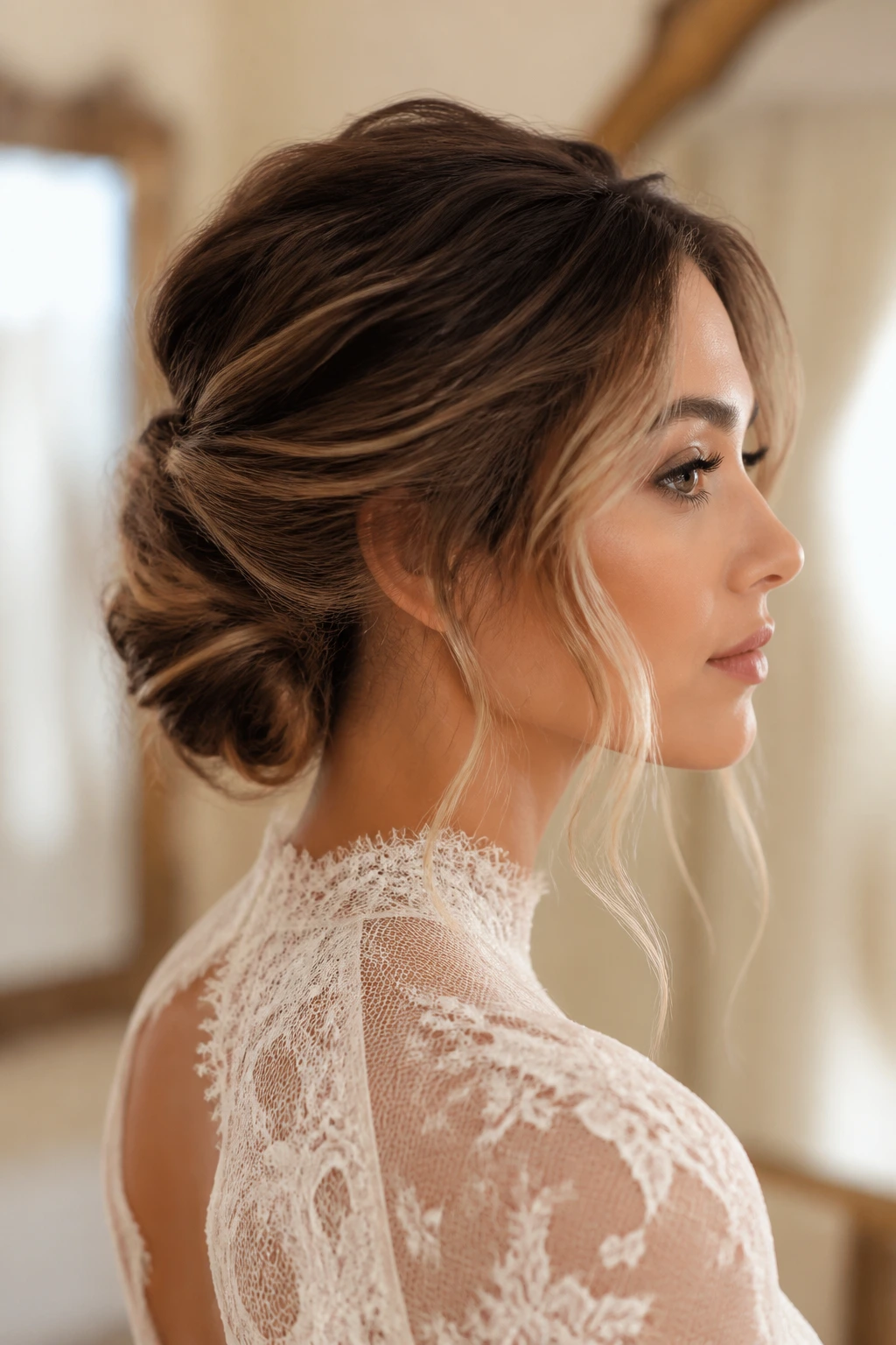 Portrait of a woman with a romantic low French twist and airy front pieces
