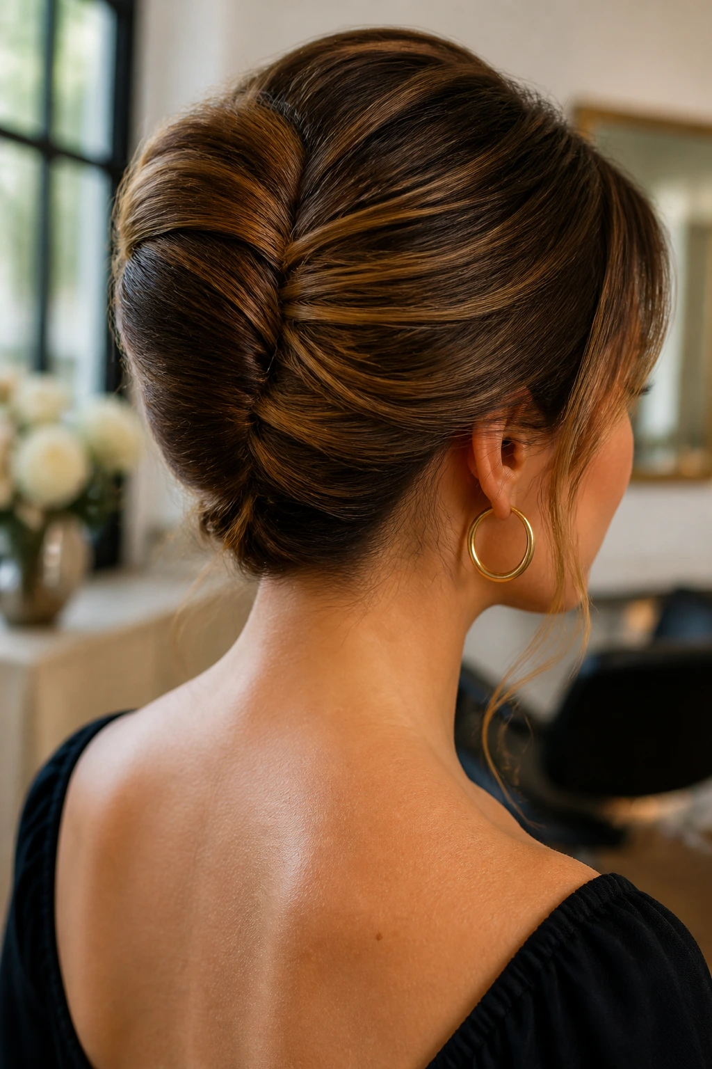 Close-up of a real woman with a soft-lift French twist and caramel highlights along the seam