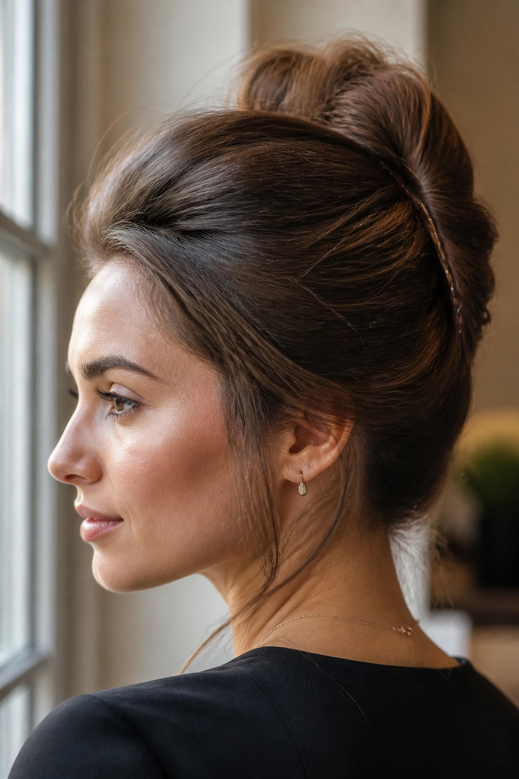 Close-up of a real woman with a French twist and crown height.