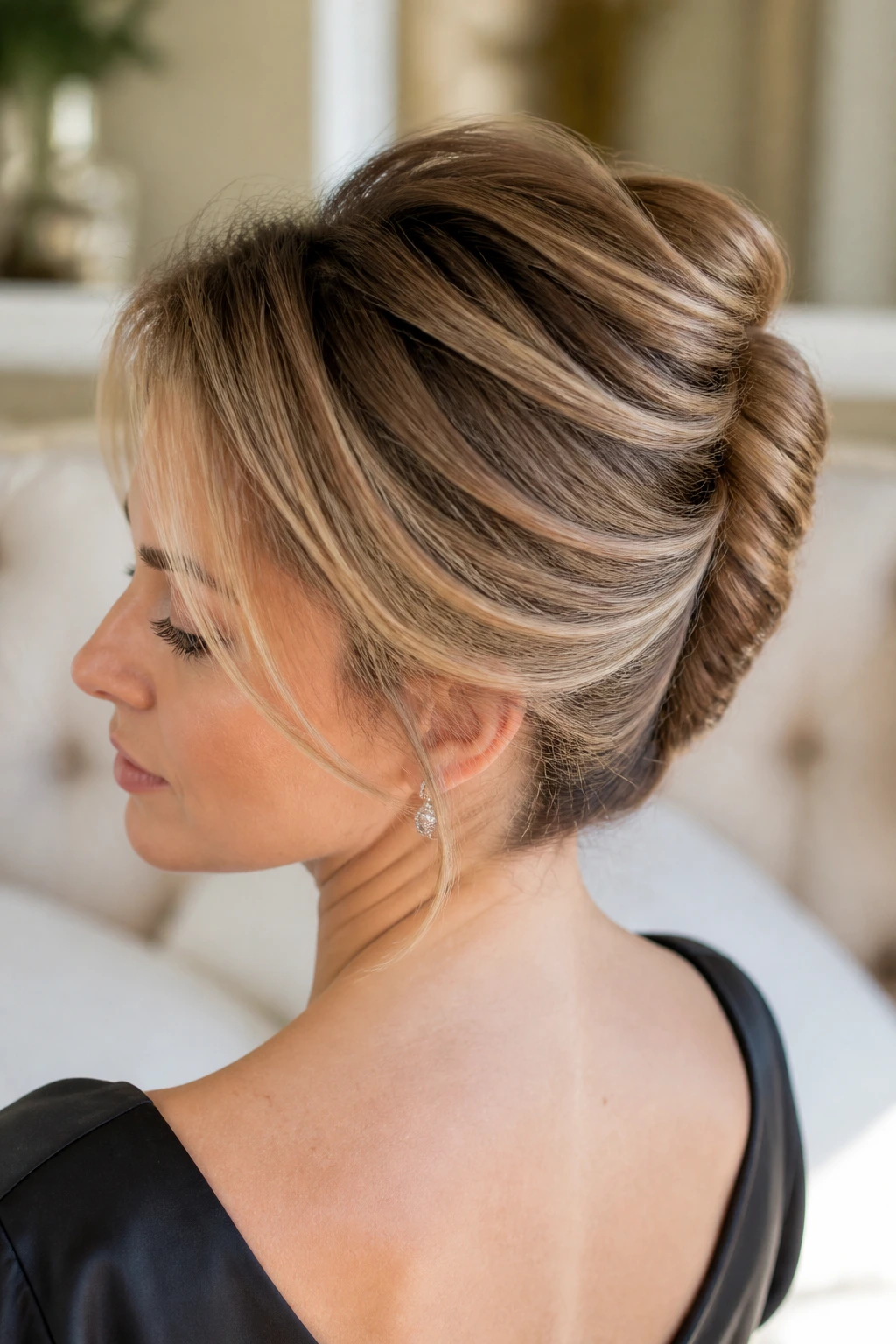 Close-up of a woman with a soft-crown French twist