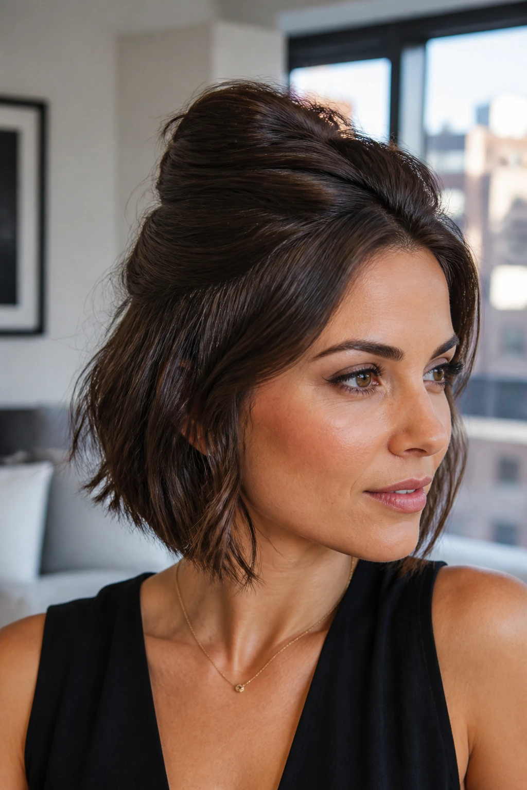 Close-up of a woman with a tucked-in French twist half bun