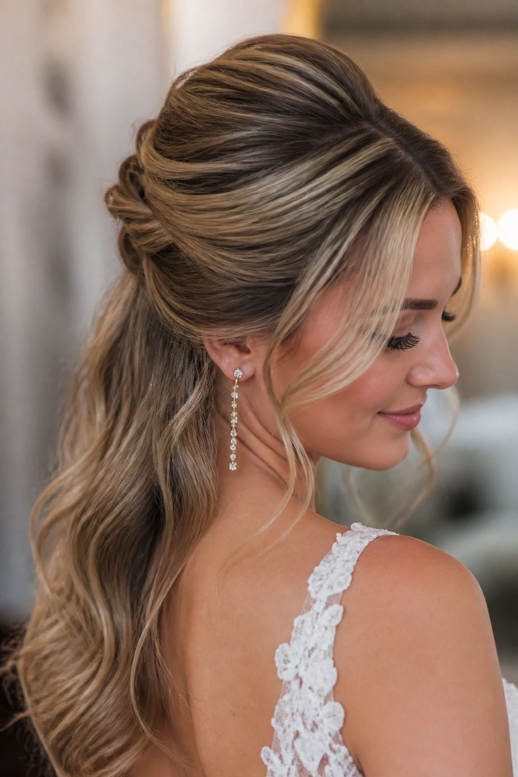 Real bride with soft French twist half-up style in elegant interior.