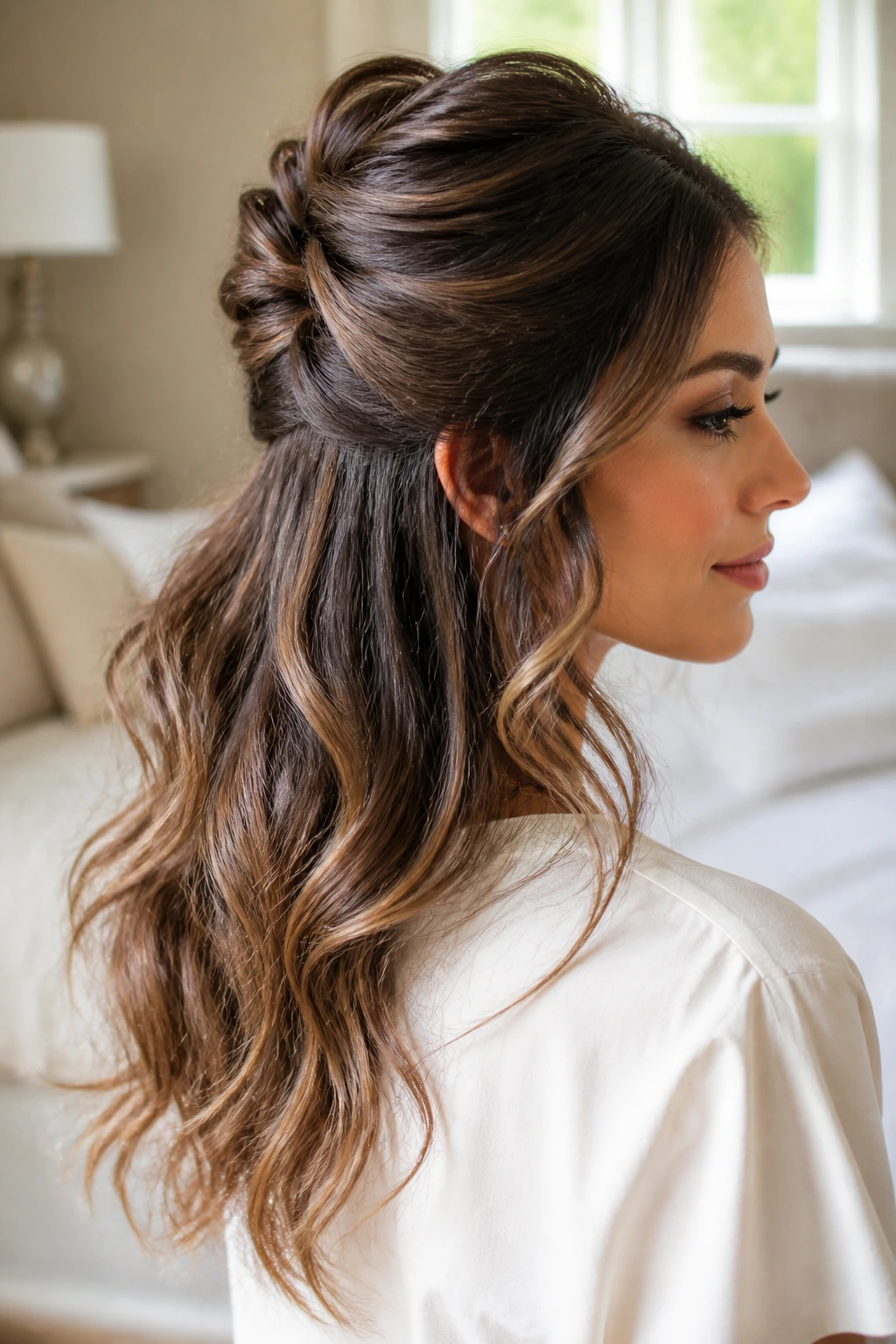 Close-up portrait of a real woman with a french twist half-up and loose waves