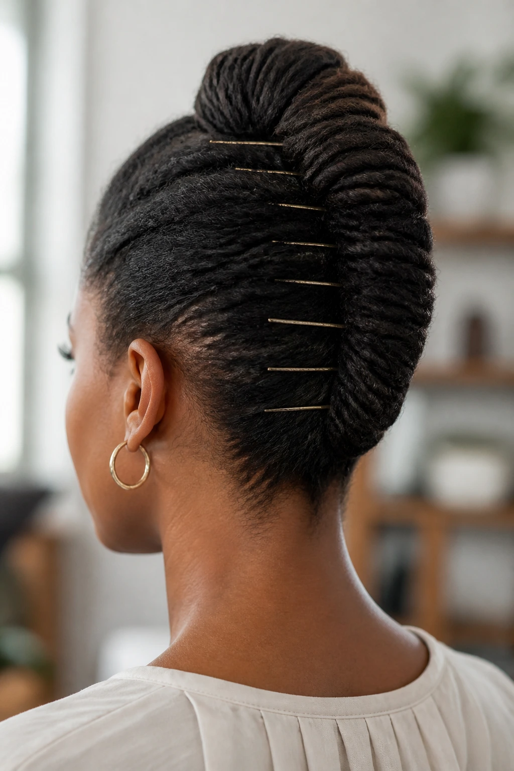 Back view of real person with French twist secured with long pins.