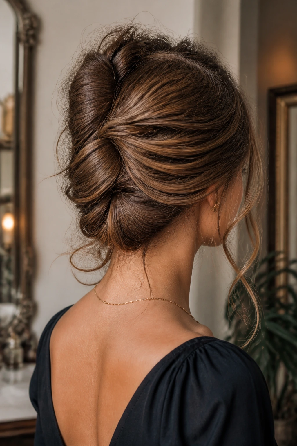 Rear three-quarter view of a real woman with a French twist