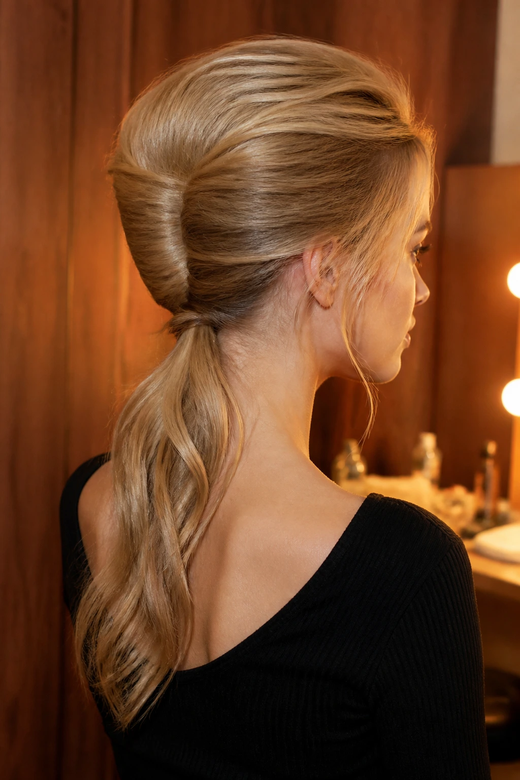 Close-up of a woman with a low French twist and loose tail.