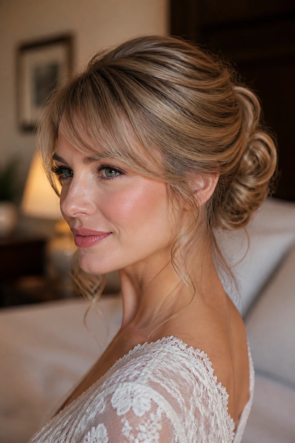 Close-up of real woman with soft French twist and loose tendrils.