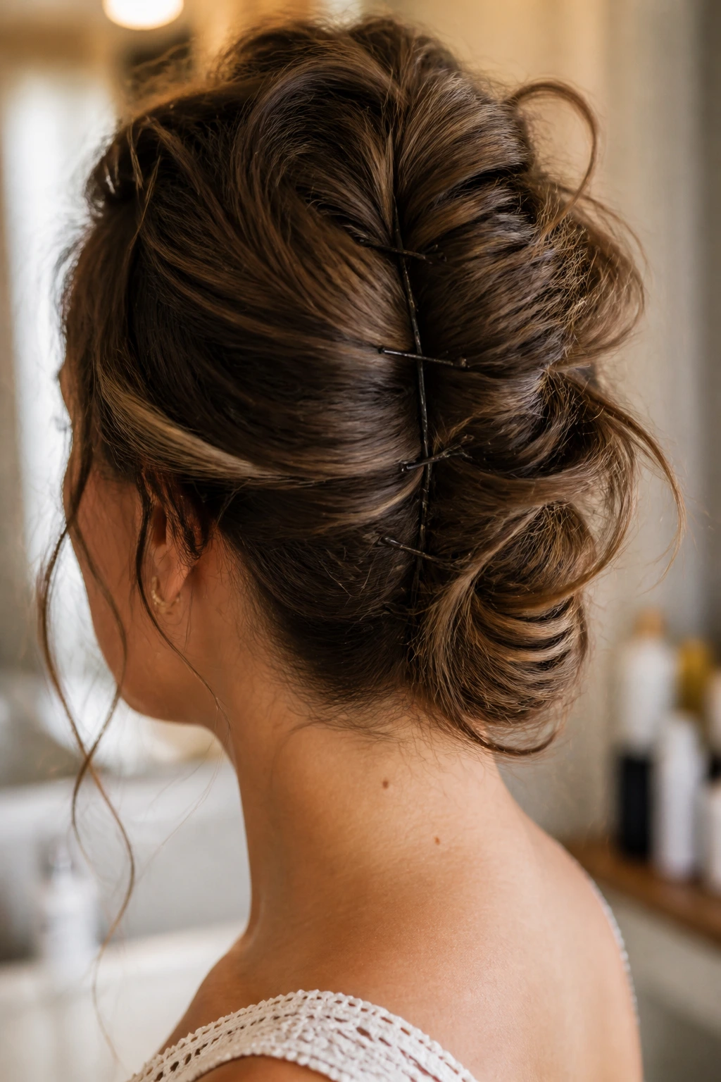 Close-up portrait of a real person with a messy French twist and textured waves.