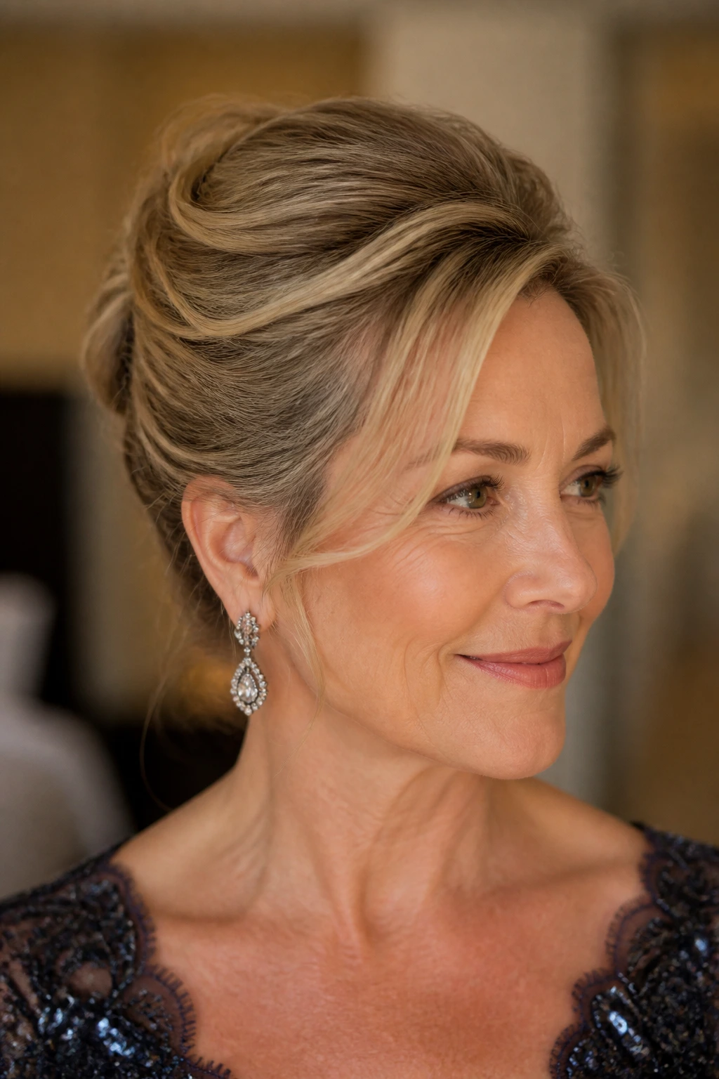 Close-up of a real woman with a French twist finished with soft lift