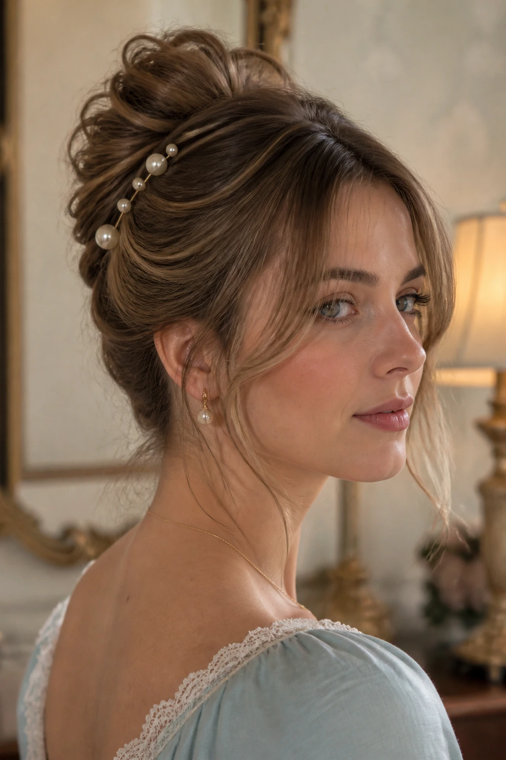Close-up of a real woman with pearl-pinned French twist and feathered front pieces