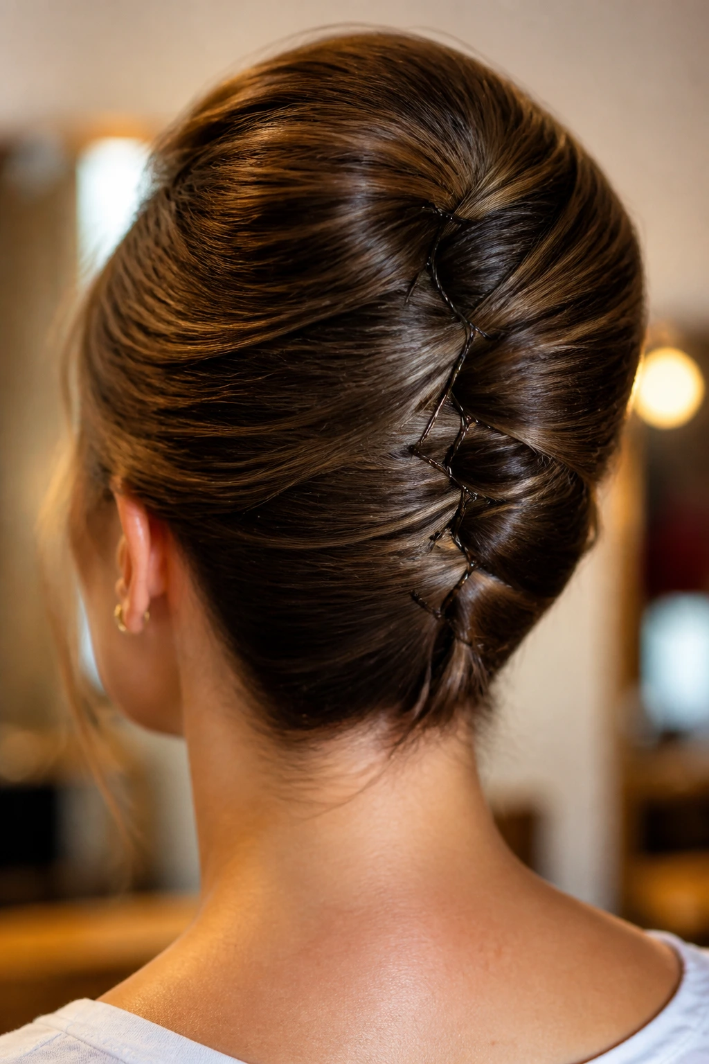 Close-up of a real woman's French Twist with pins securing the seam