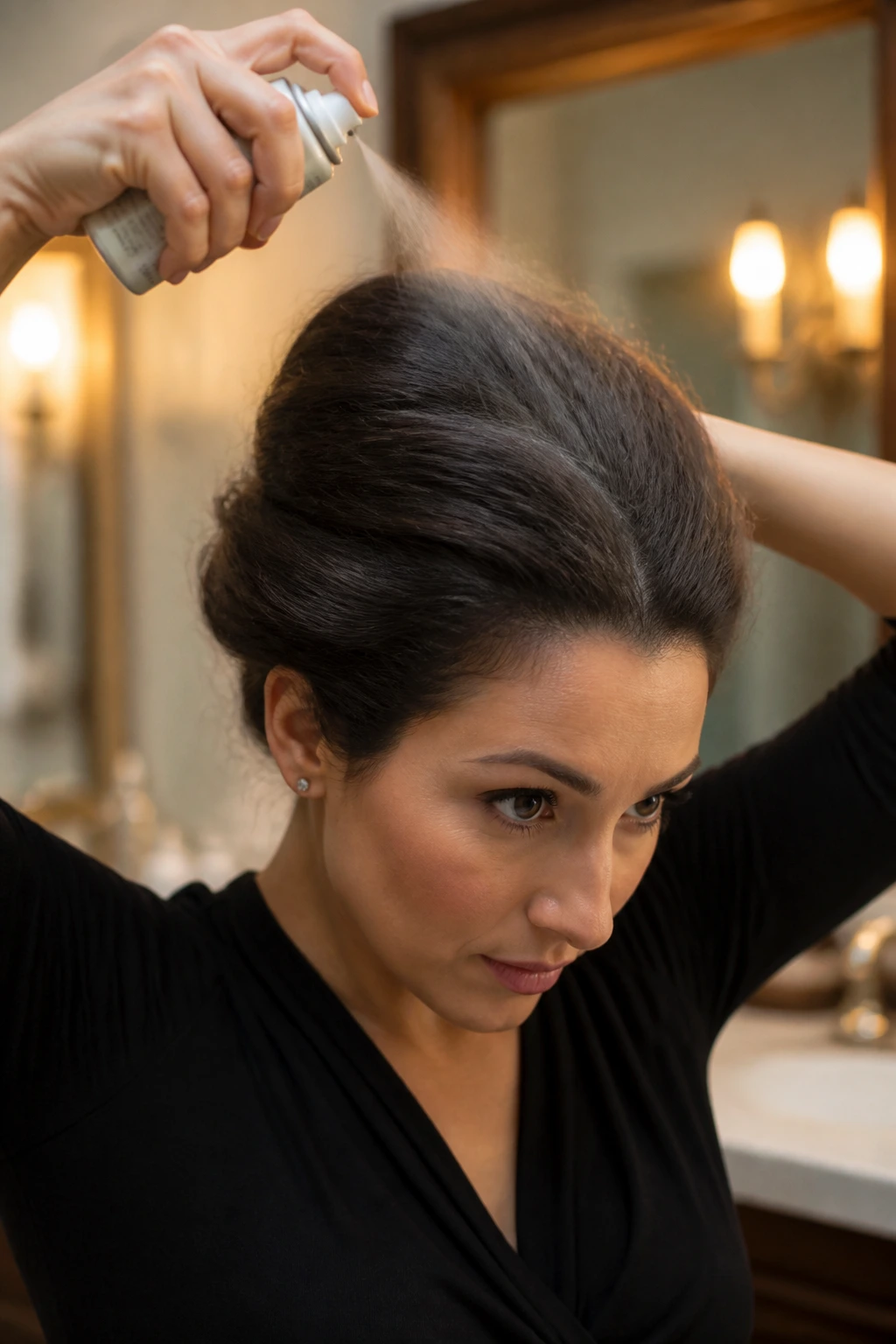 Close-up of a real woman with dry shampoo at the roots preparing for a French Twist
