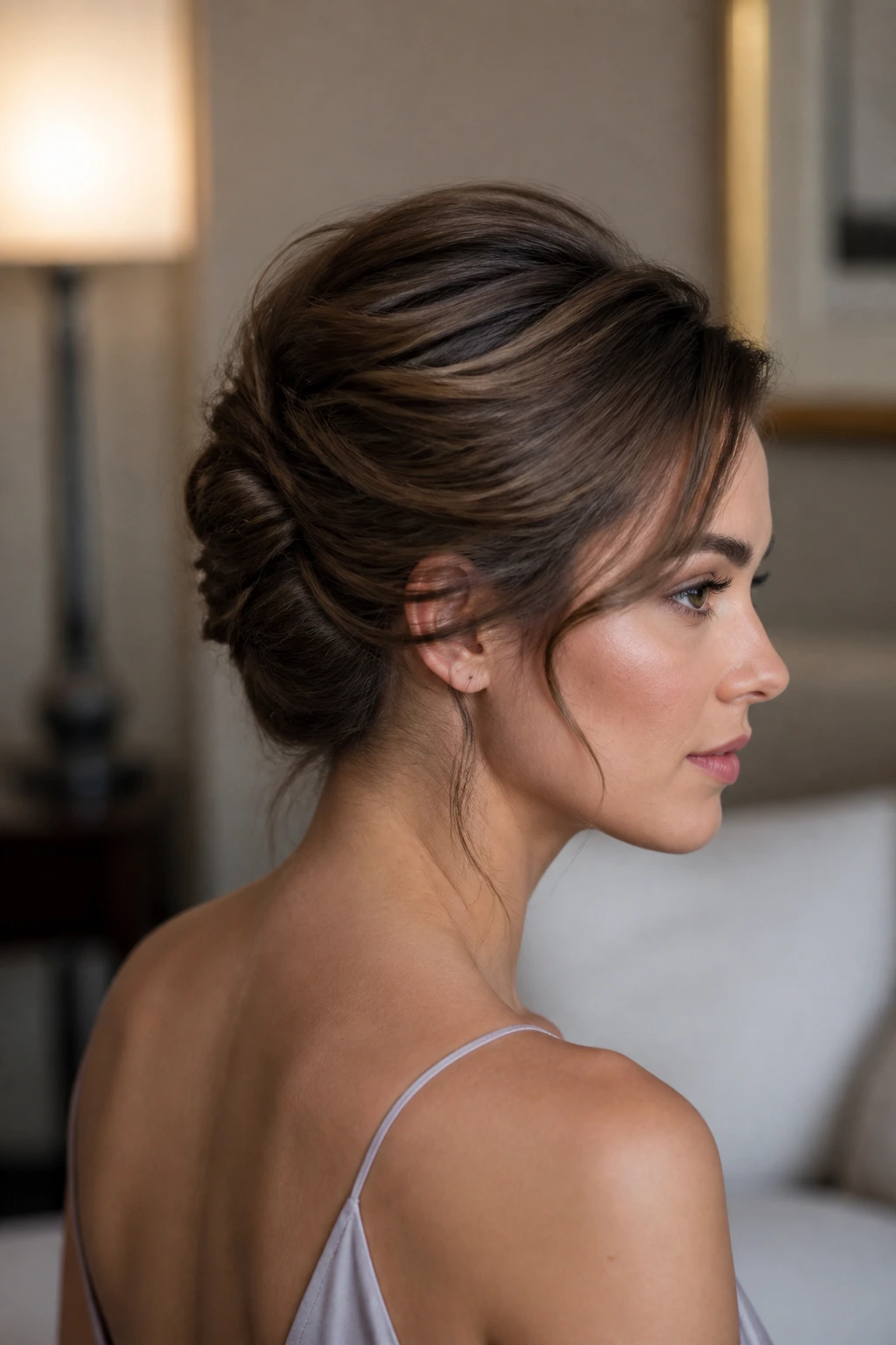Close-up of a Loose French Twist on shoulder-length hair with soft finish