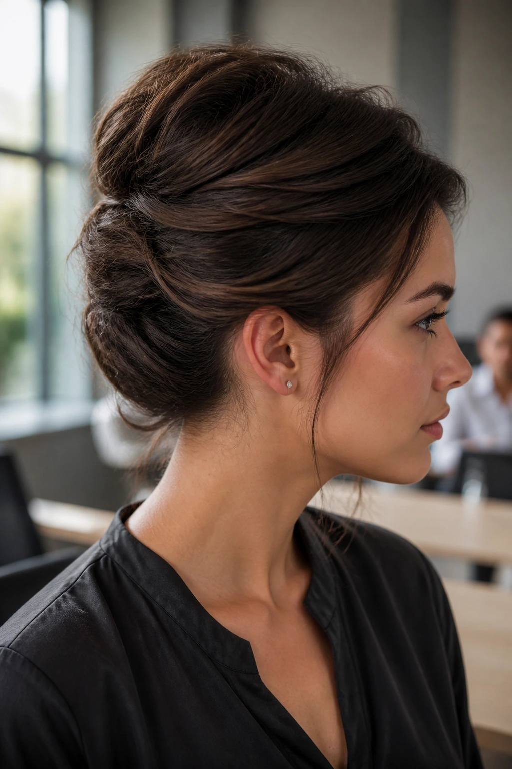 Portrait of a woman with a French twist and soft ends in a meeting room