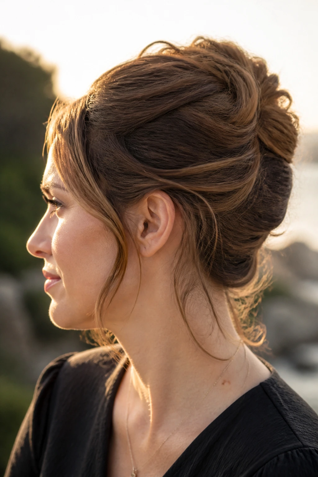 Medium close-up of a real woman with shoulder-length textured French Twist