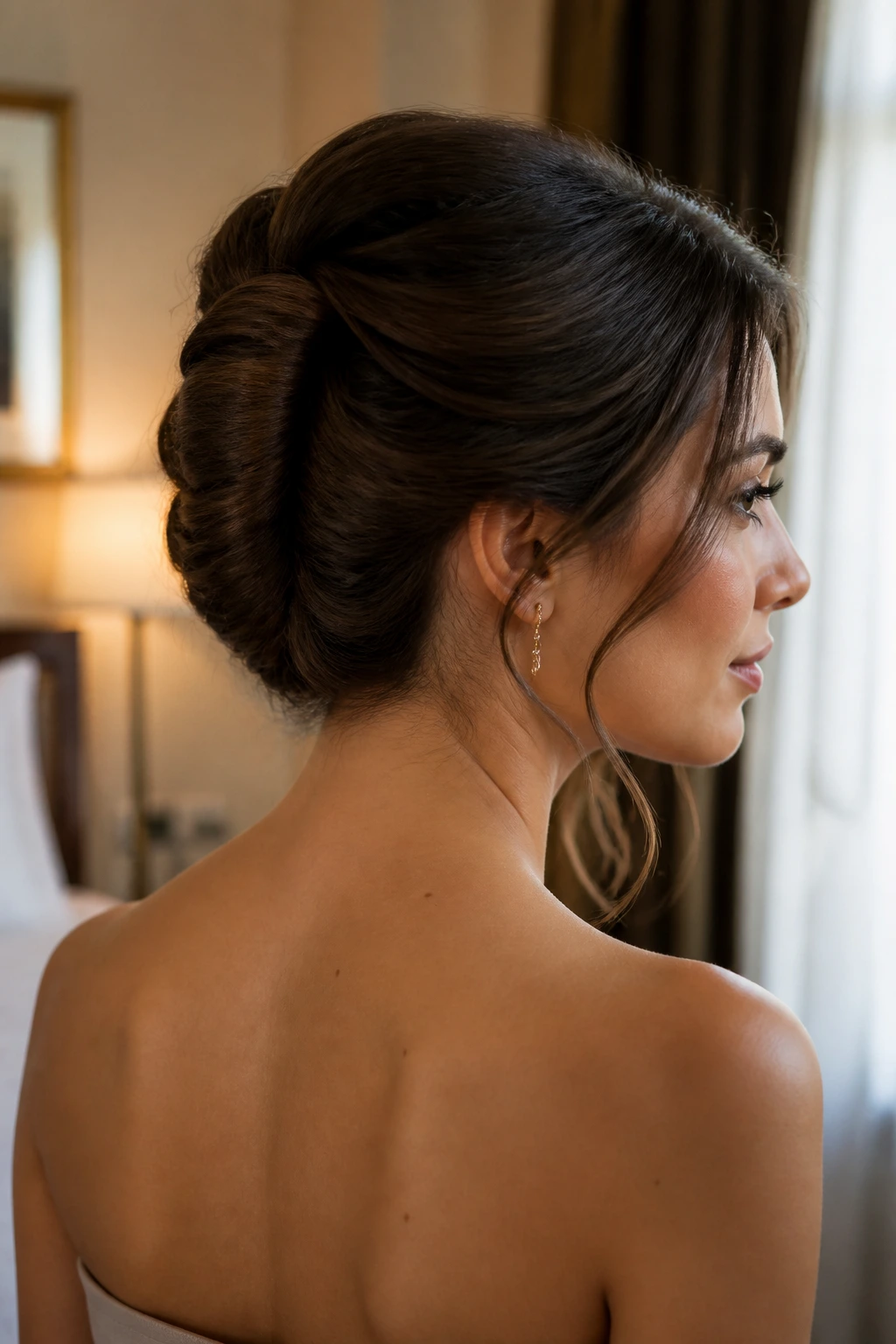 Close-up of a real woman with a French twist at the nape and soft wisps