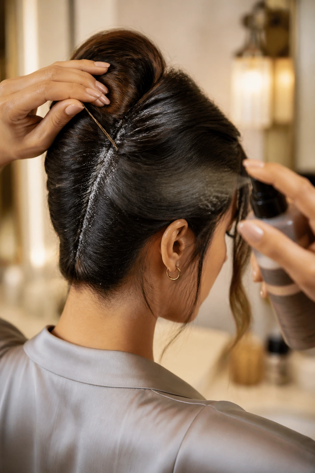 Close-up of a real person with a French Twist showing root texture and product touch