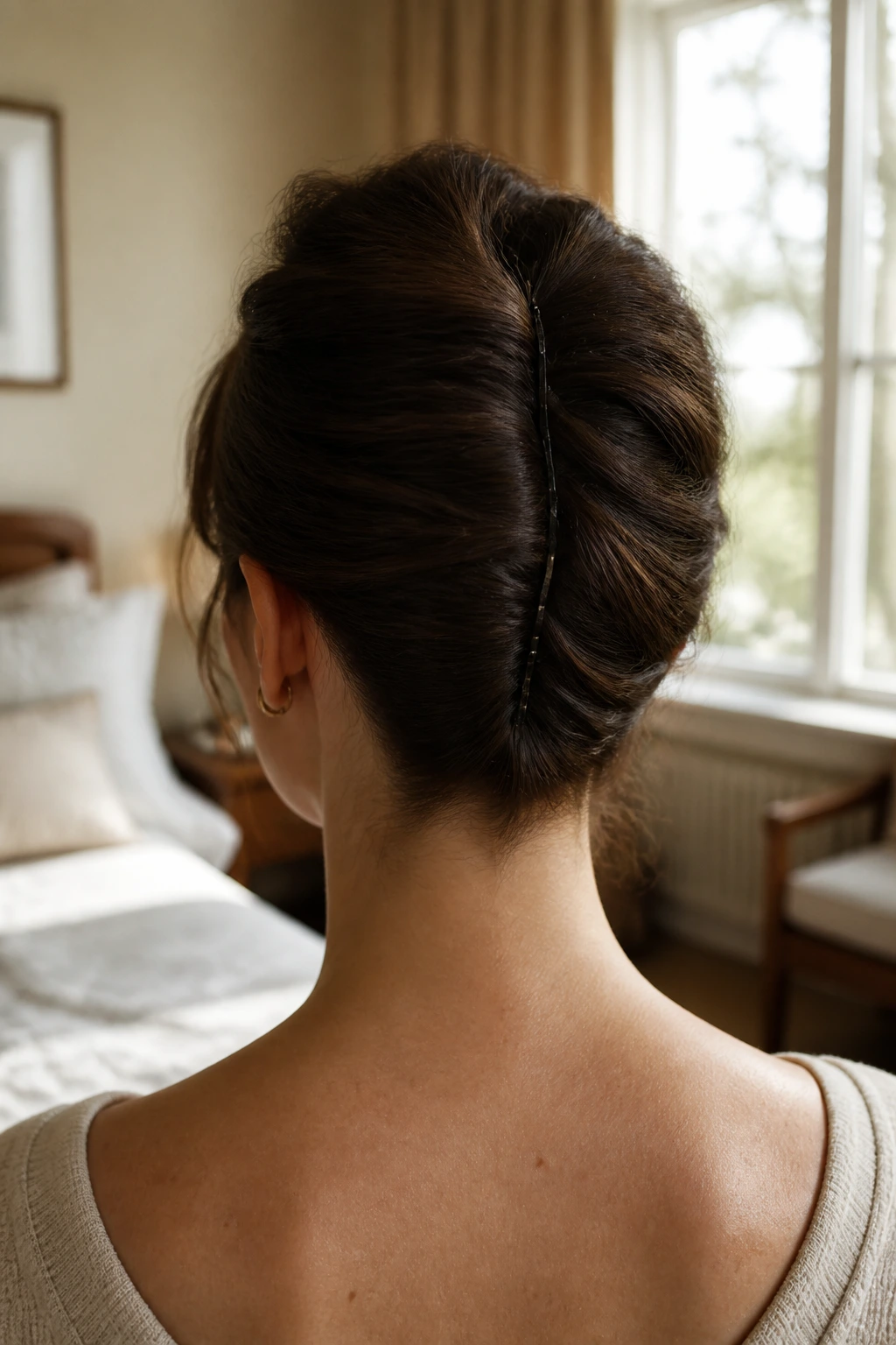 Rear view of a real woman with a neatly tucked French Twist and visible pins