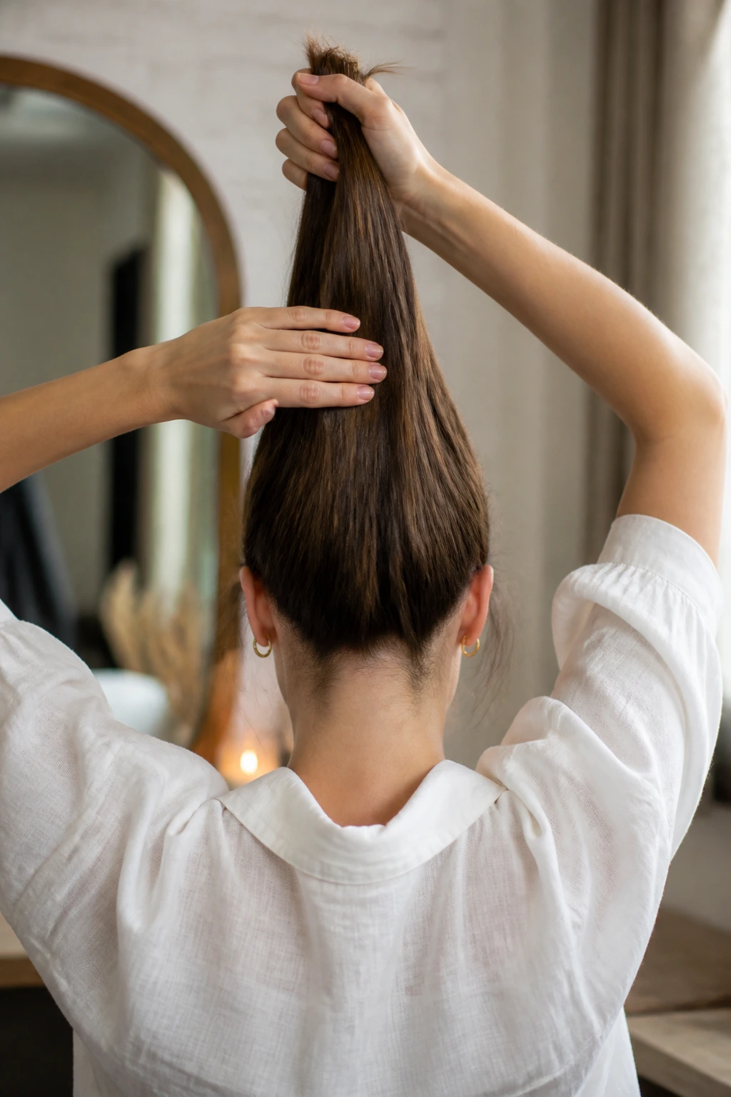 Back-of-head view of a real woman with a vertical column of hair at the nape