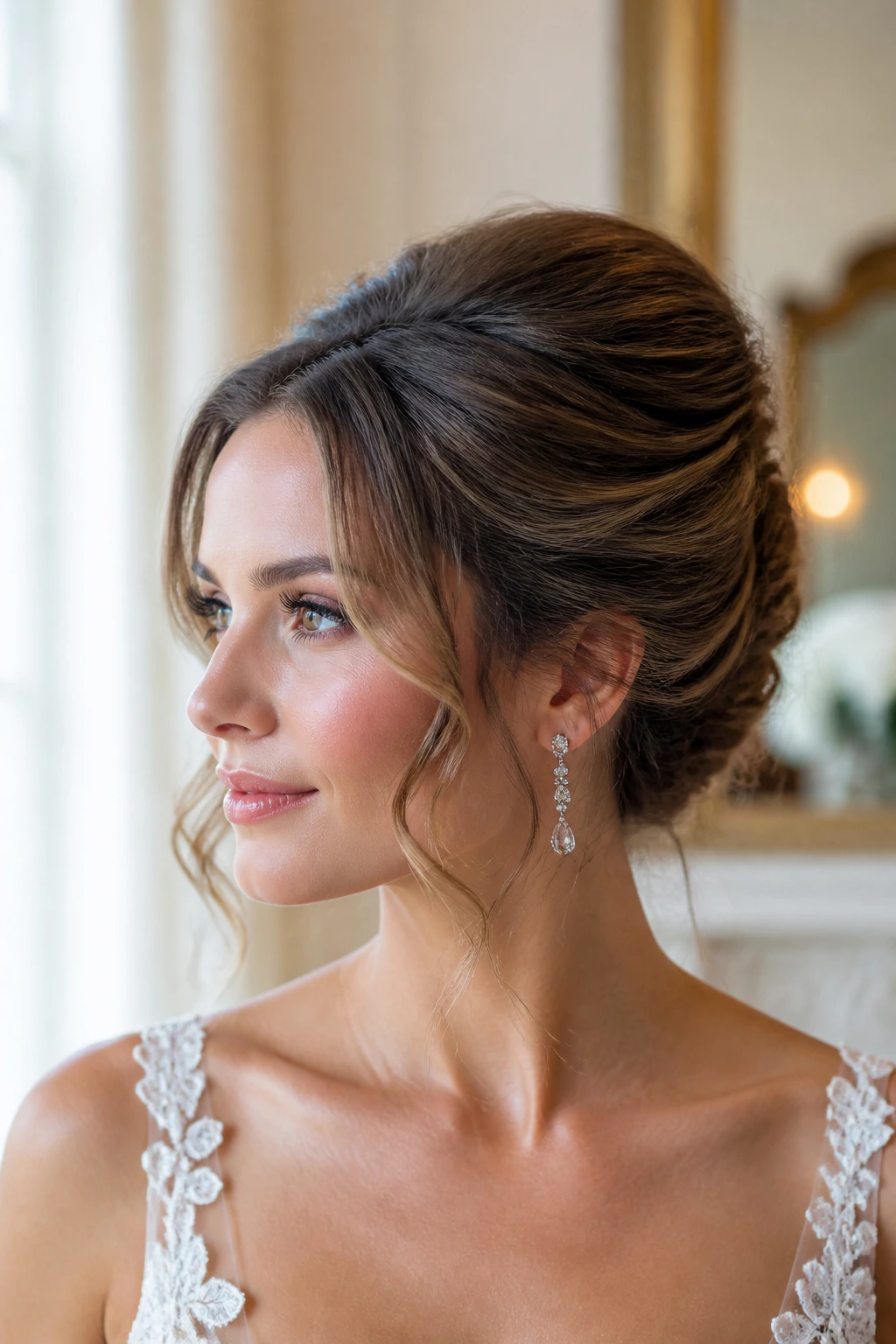 Close-up of bride with soft French twist and wavy tendrils at temples