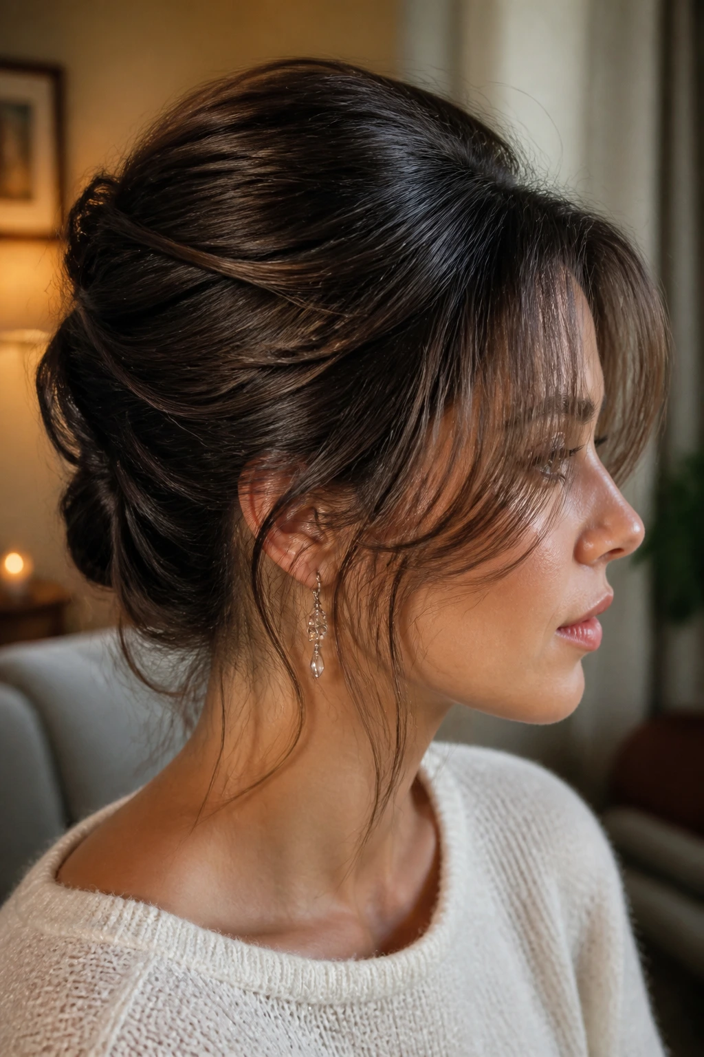 Close-up of a woman with a French twist and wispy curtain bangs in a cozy winter interior