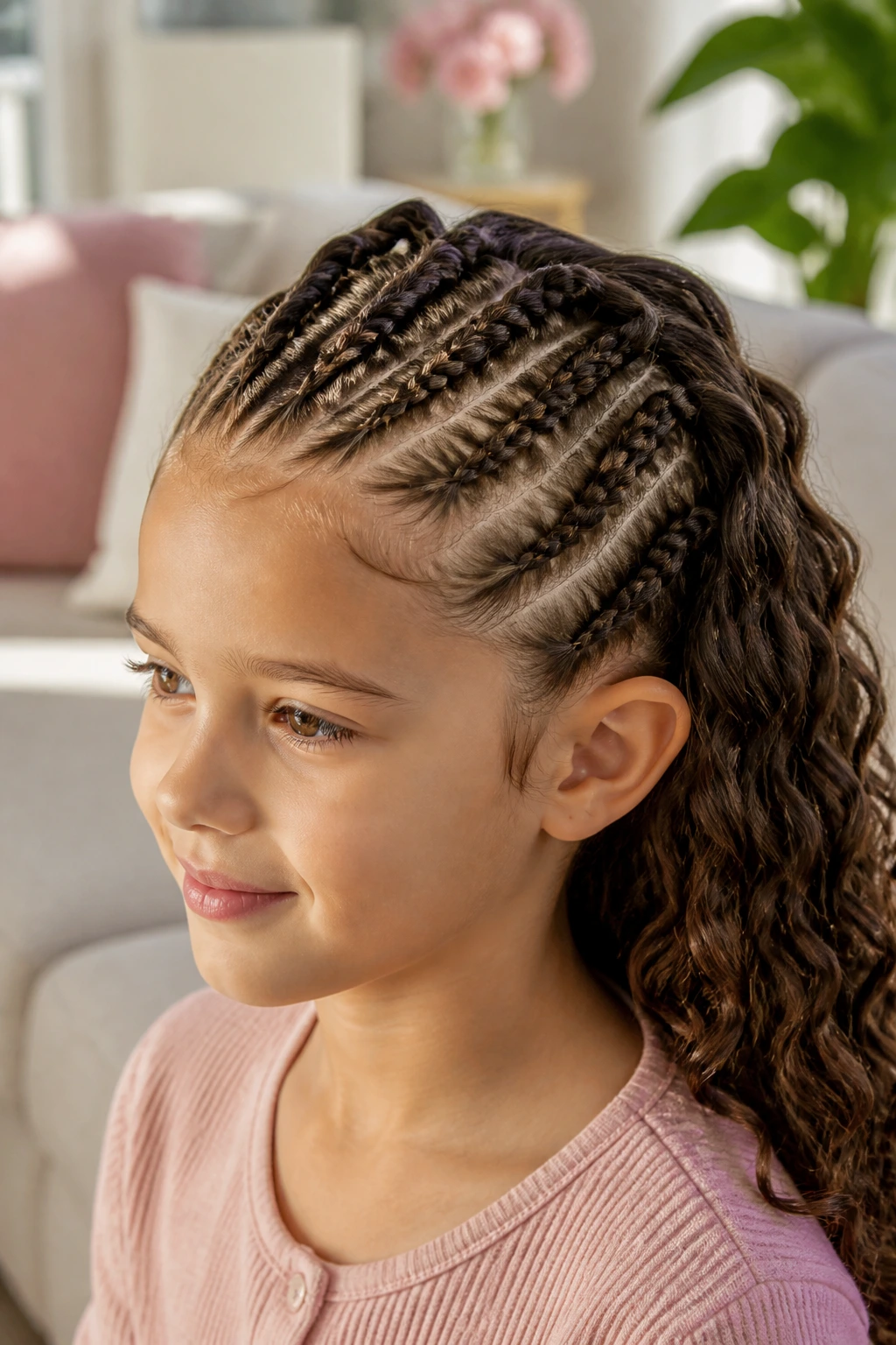 Real child with French weave on wavy hair held in place by the braid.