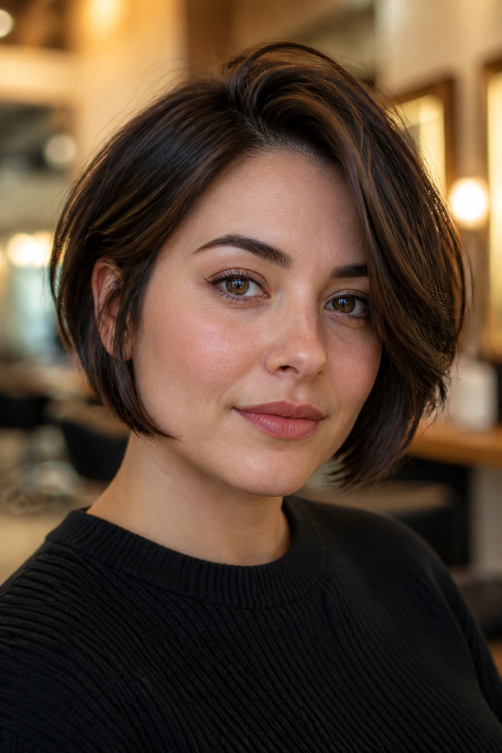 Close-up portrait of a real woman with a jawline-skimming French bob on a round face in a salon.