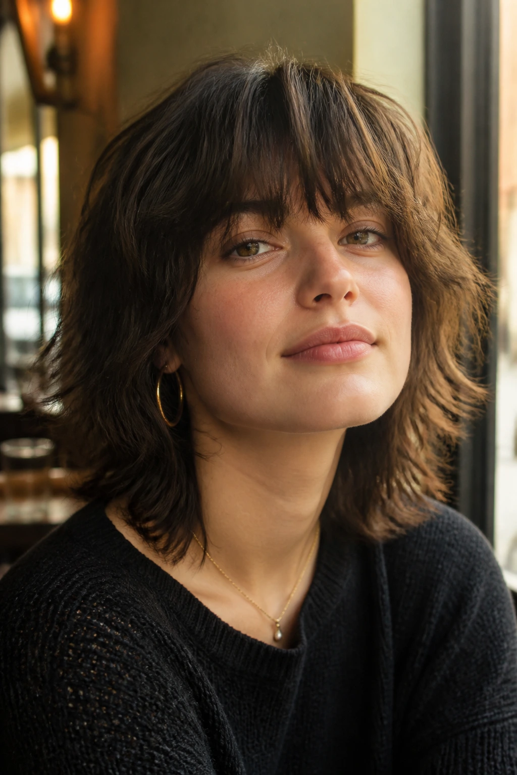 Close-up portrait of a real woman with brow-skimming bangs and French shag.