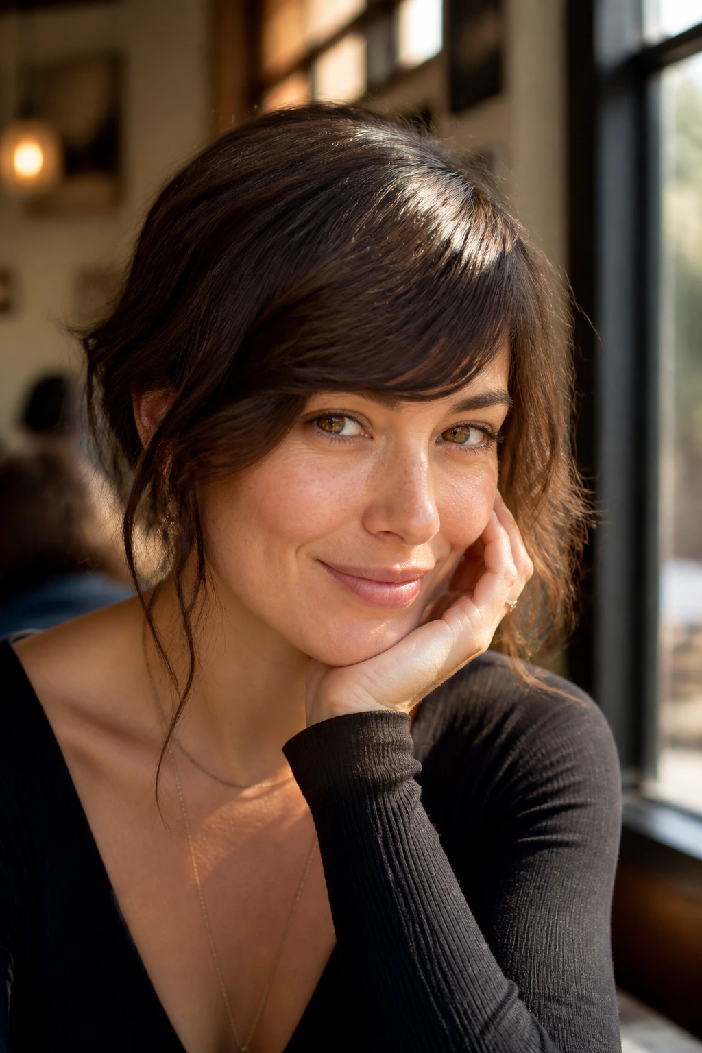 Real woman with bangs styled in a fresh side-swept fringe in a sunlit cafe