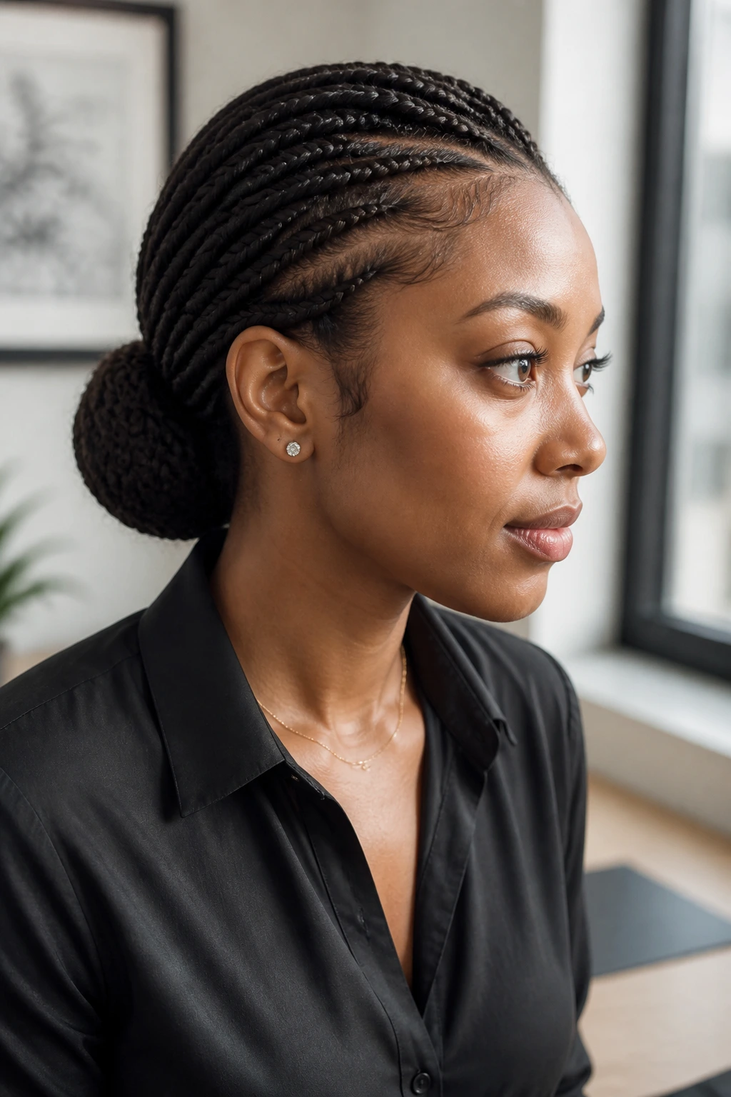 Close-up of a woman with a low flat bun and neat braid in a calm office setting