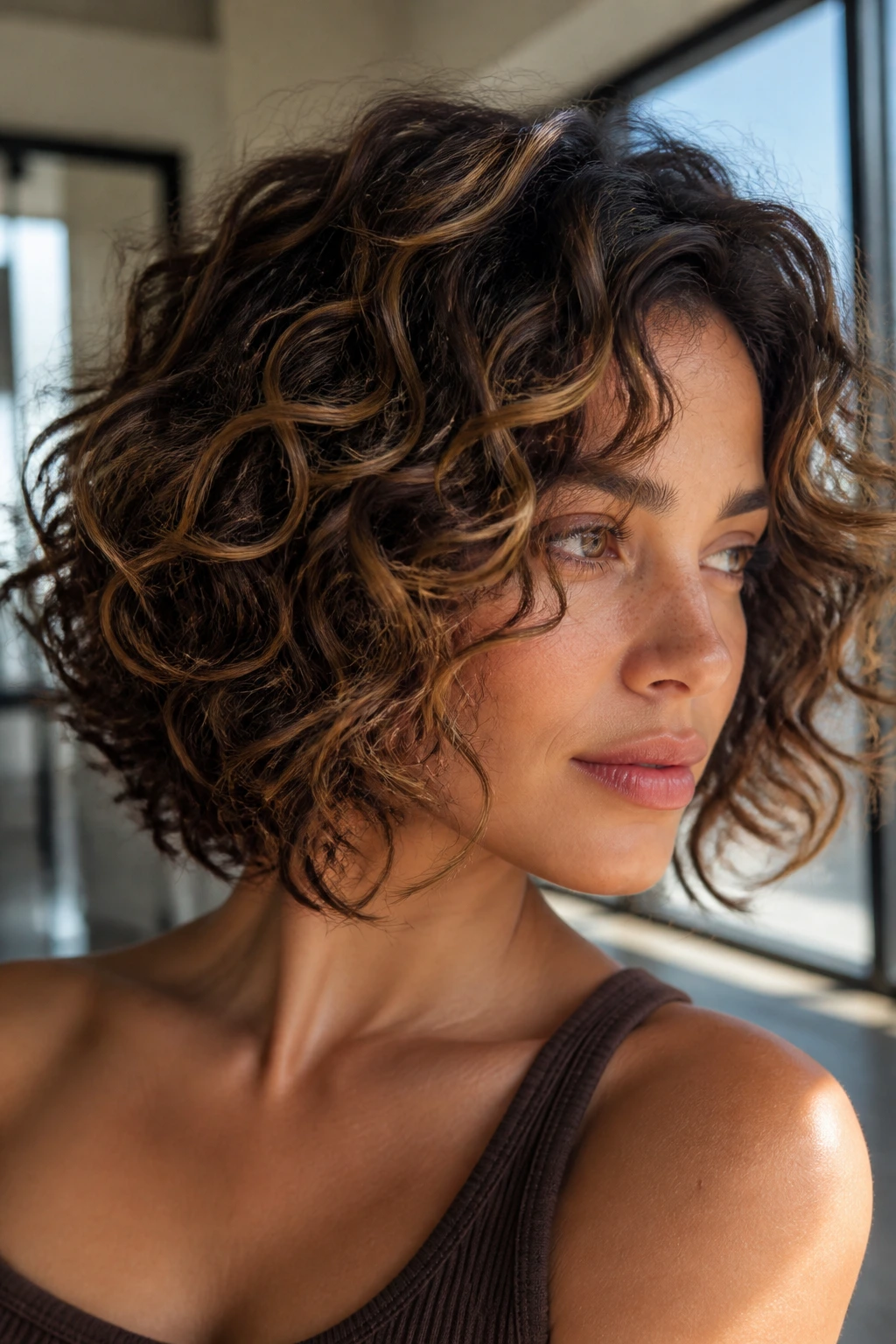 Brunette with curly bob and dynamic highlight movement in daylight