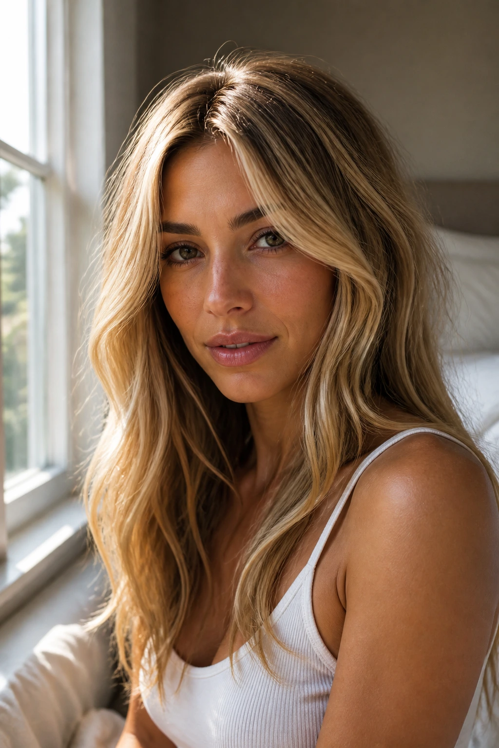 Portrait of olive-skinned woman with warm golden blonde hair in sunlit room