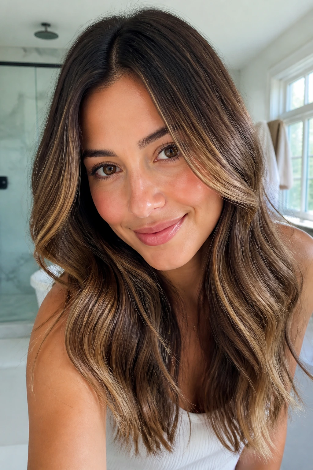 Close-up of a real woman with hydrated hair and champagne-beige highlights in a bright bathroom